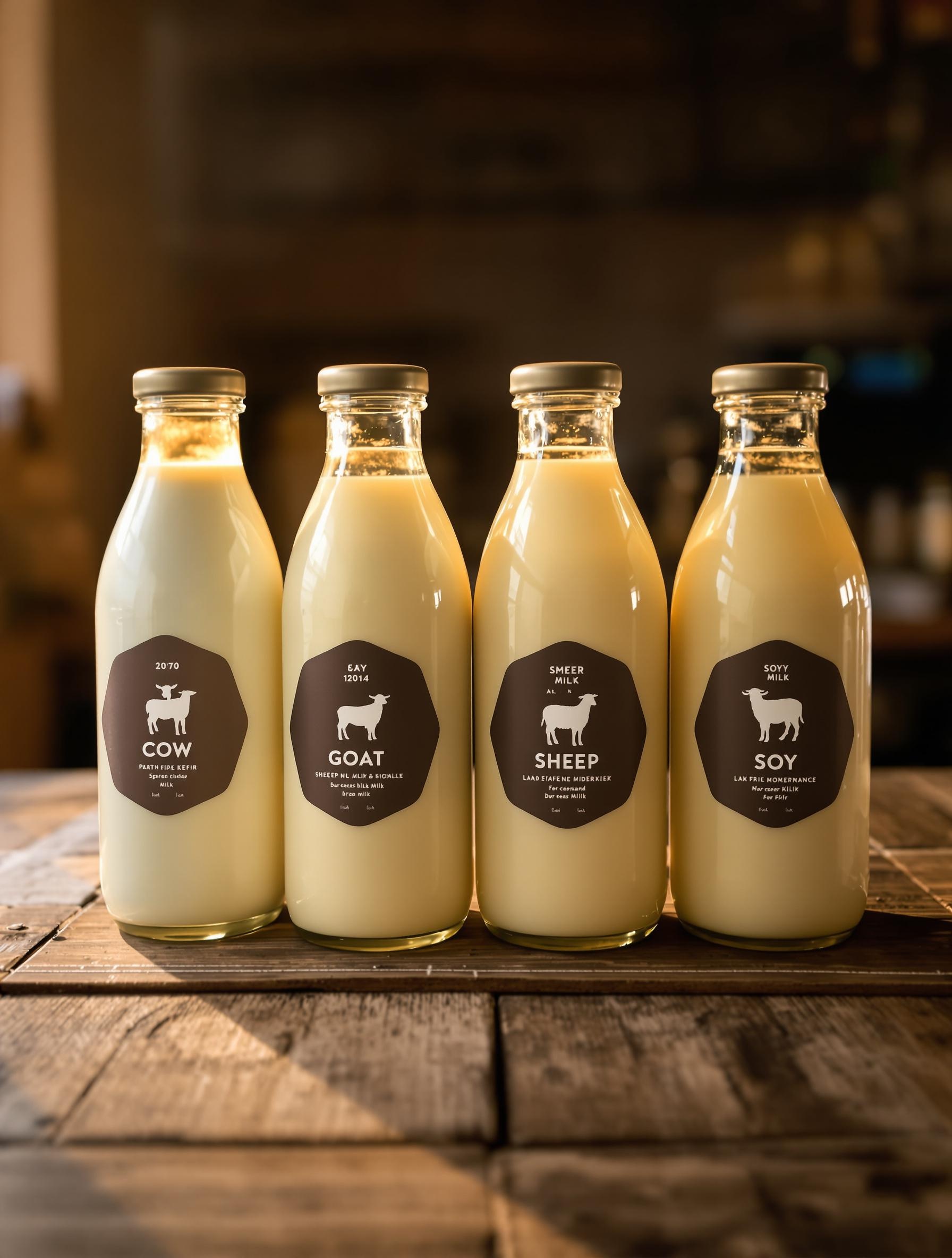 Bouteilles de lait de vache, chèvre, brebis et soja pour kéfir maison
