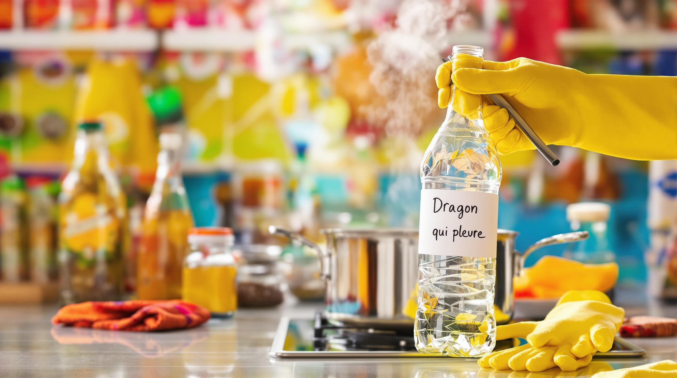 Stérilisation d'une bouteille de sauce piquante maison avec une étiquette humoristique 'Dragon qui pleure'