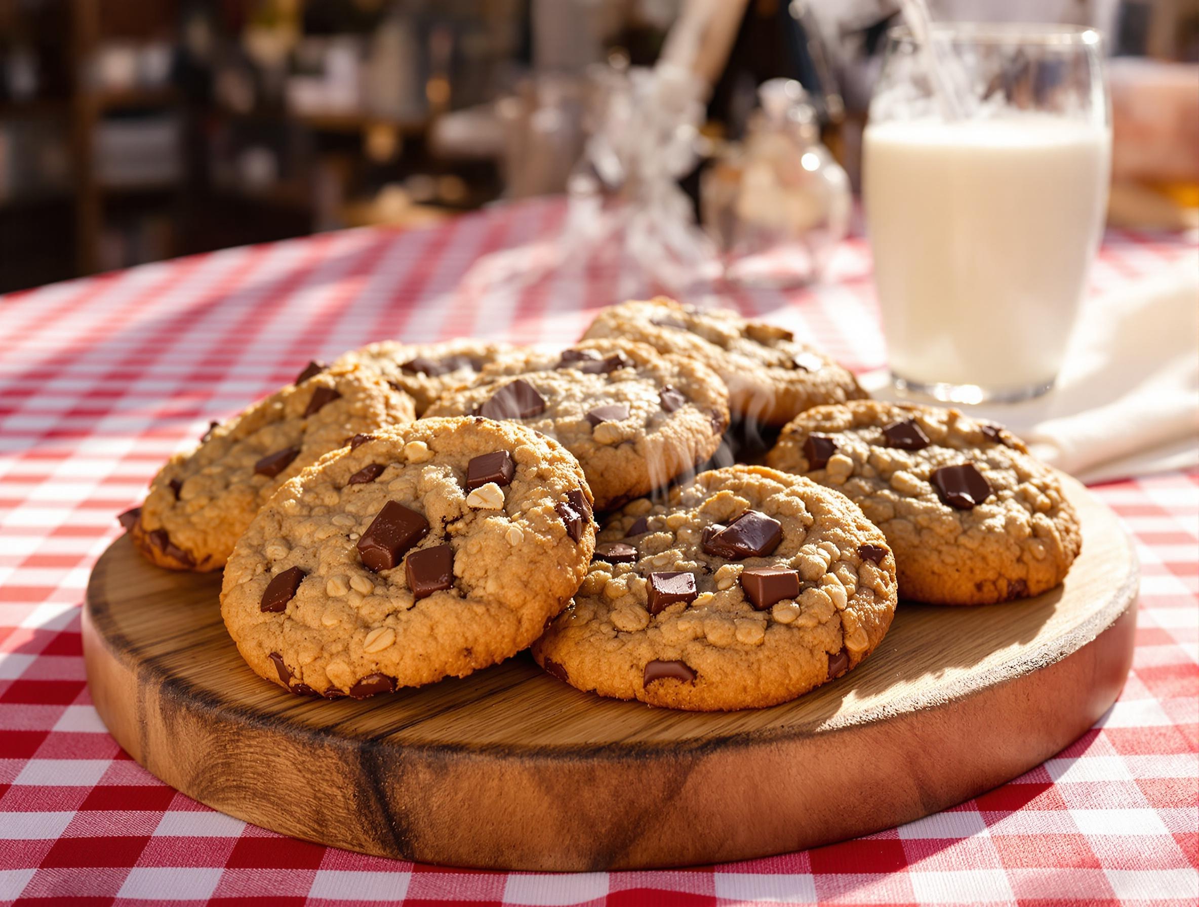 Cookies choco-avoine fumants sur une planche rustique avec nappe vichy