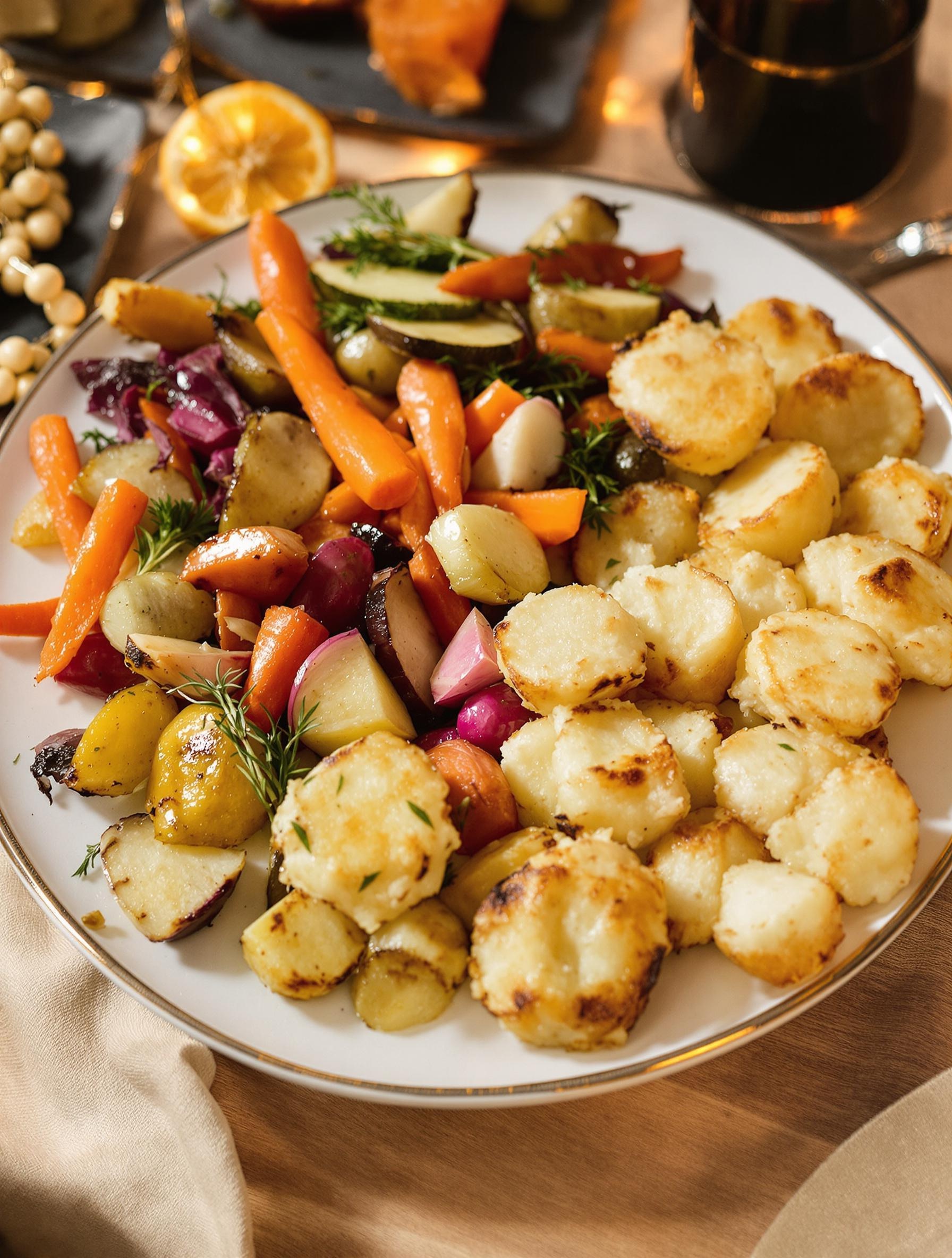 Assiette festive avec légumes racines colorés et pommes dauphines dorées