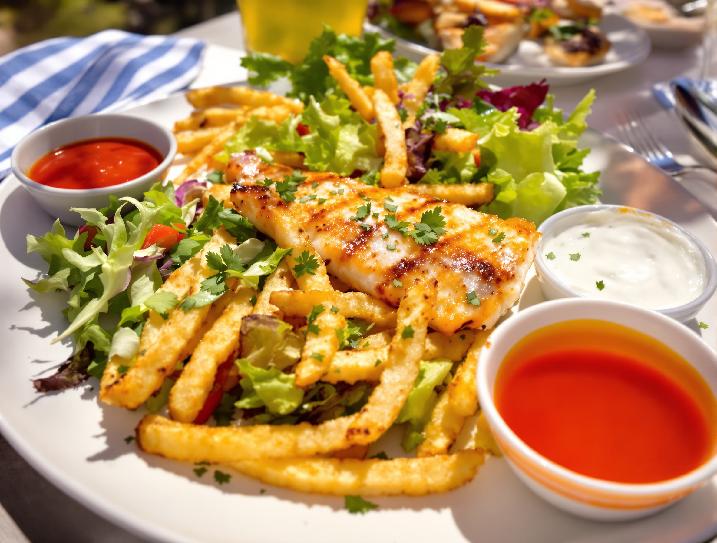 Assiette conviviale avec panisse dorée, salade verte, filet de poisson et sauce pour un apéritif méditerranéen.