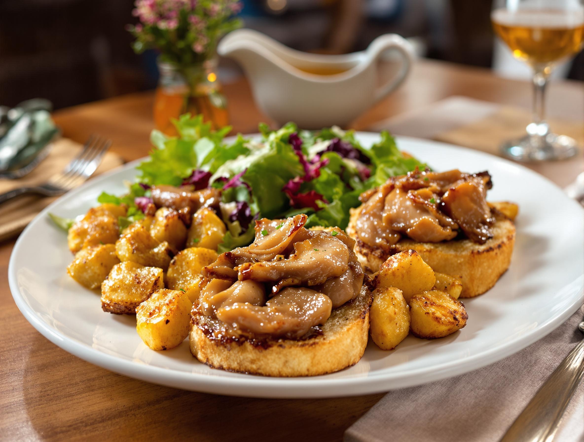 Crostinis grillés garnis de gésiers poêlés, pommes sarladaises et salade verte