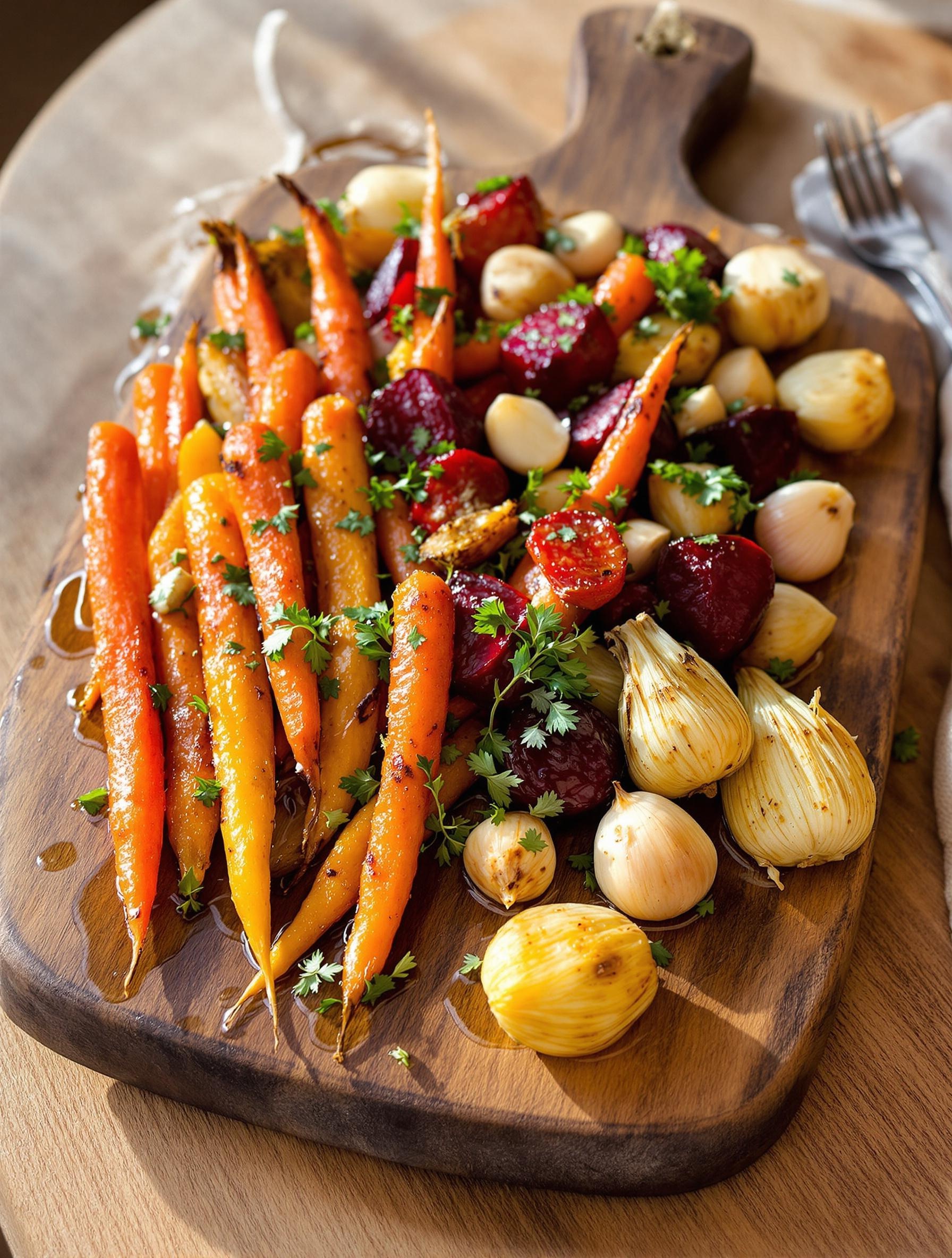 Assiette de légumes racines rôtis avec fenouil, ail et persil sur une planche en bois