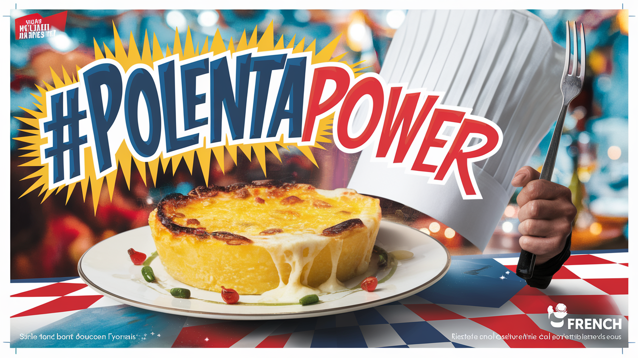 Assiette de polenta gratinée façon bouchon lyonnais, ambiance festive avec super-héros et hashtag #PolentaPower