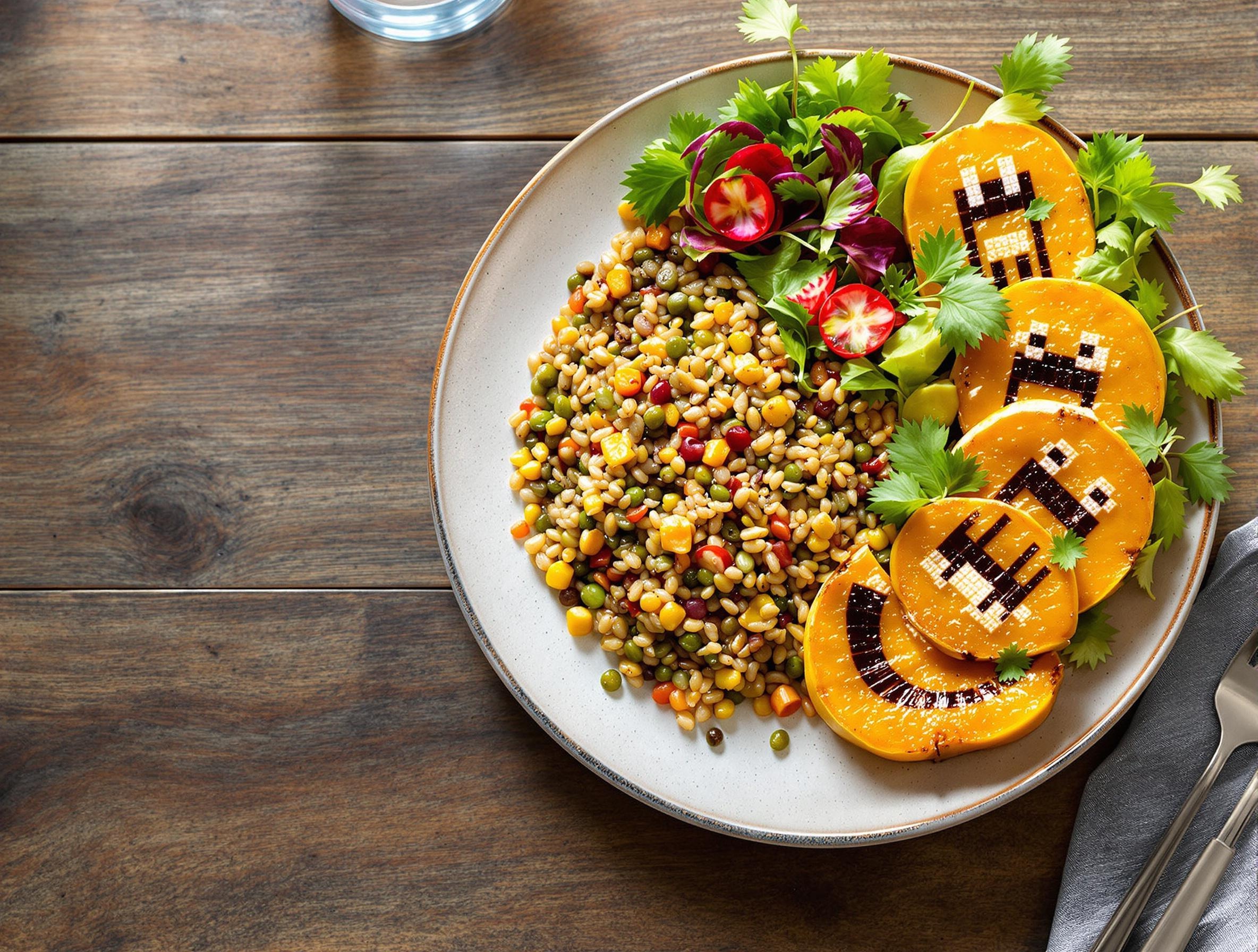 Assiette accompagnements butternut riz lentilles salade geek