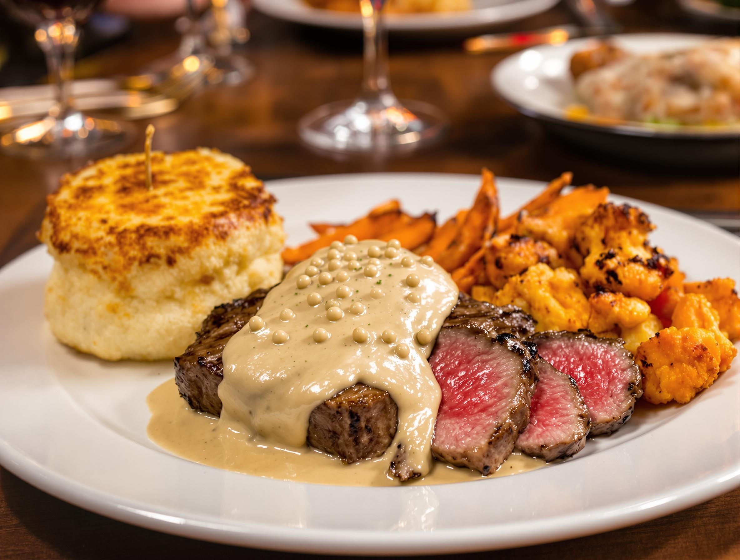 Assiette accords sauce au poivre : steak, magret, légumes rôtis et quenelle gratinée