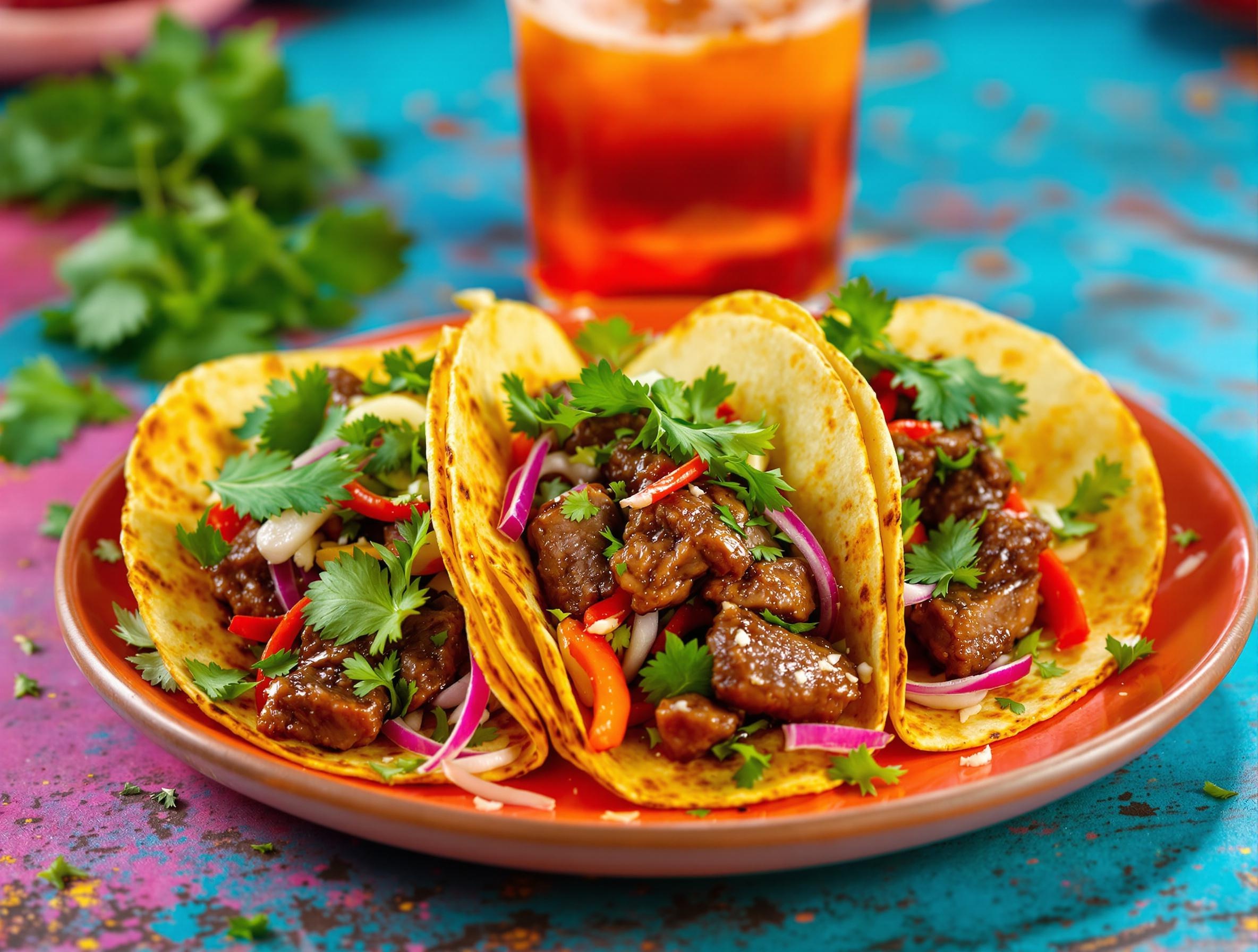 Assiette de tacos recyclés avec morceaux de côte de bœuf et herbes fraîches