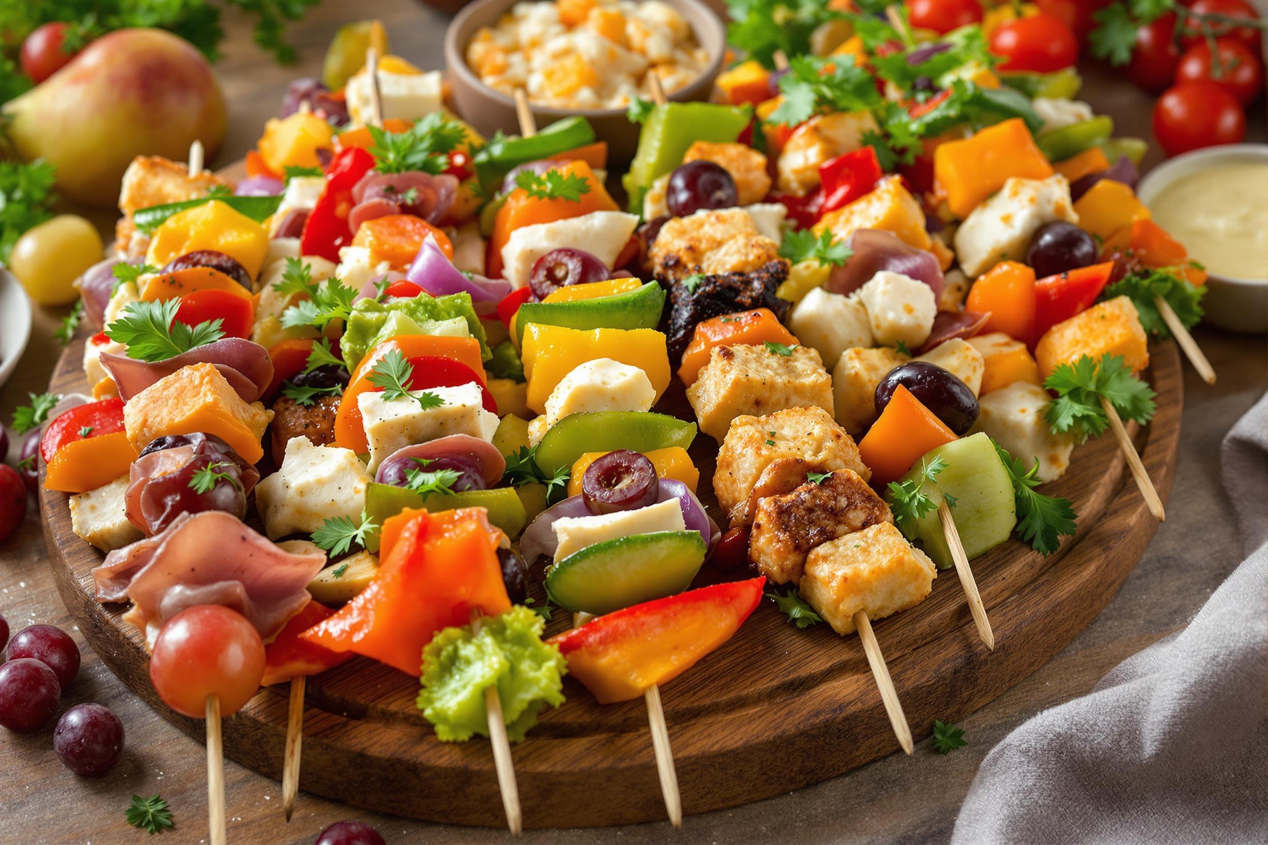 Assortiment de brochettes apéro originales : sucré-salé, végan, internationales