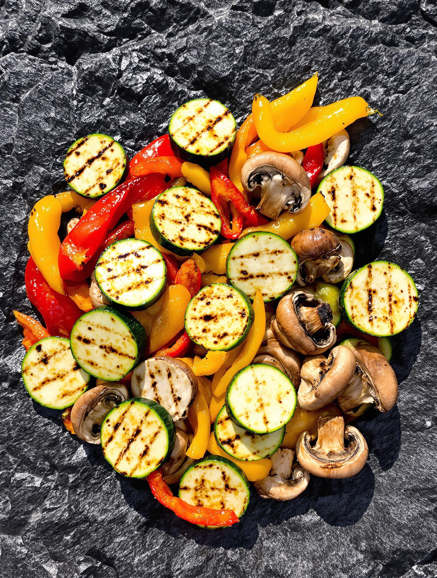 Assortiment de tranches de courgettes, poivrons et champignons marinés sur pierre de lave volcanique.