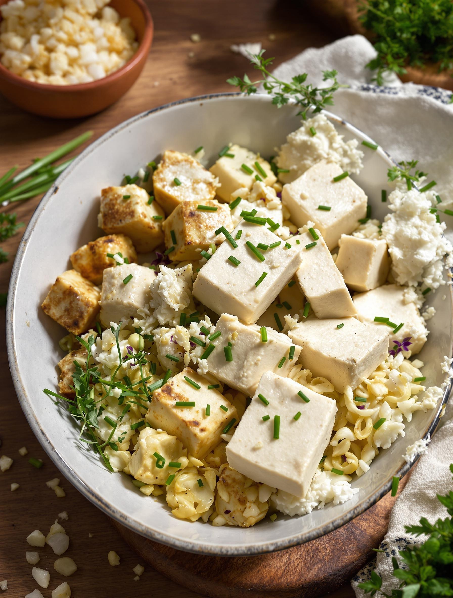 Assortiment de tofu artisanal lyonnais avec échalotes