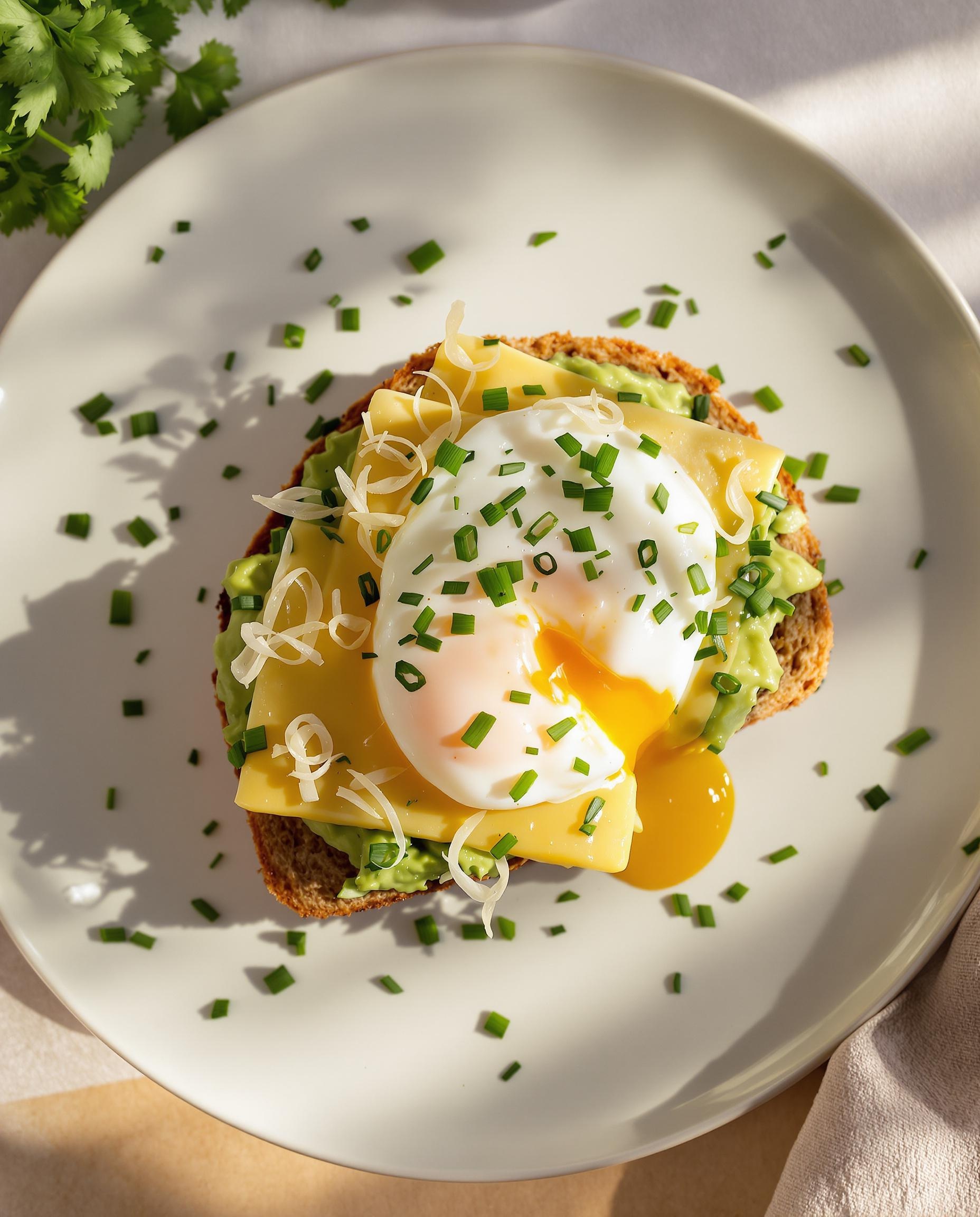 Avocado toast avec cheddar fondu, œuf poché et pain complet croustillant.