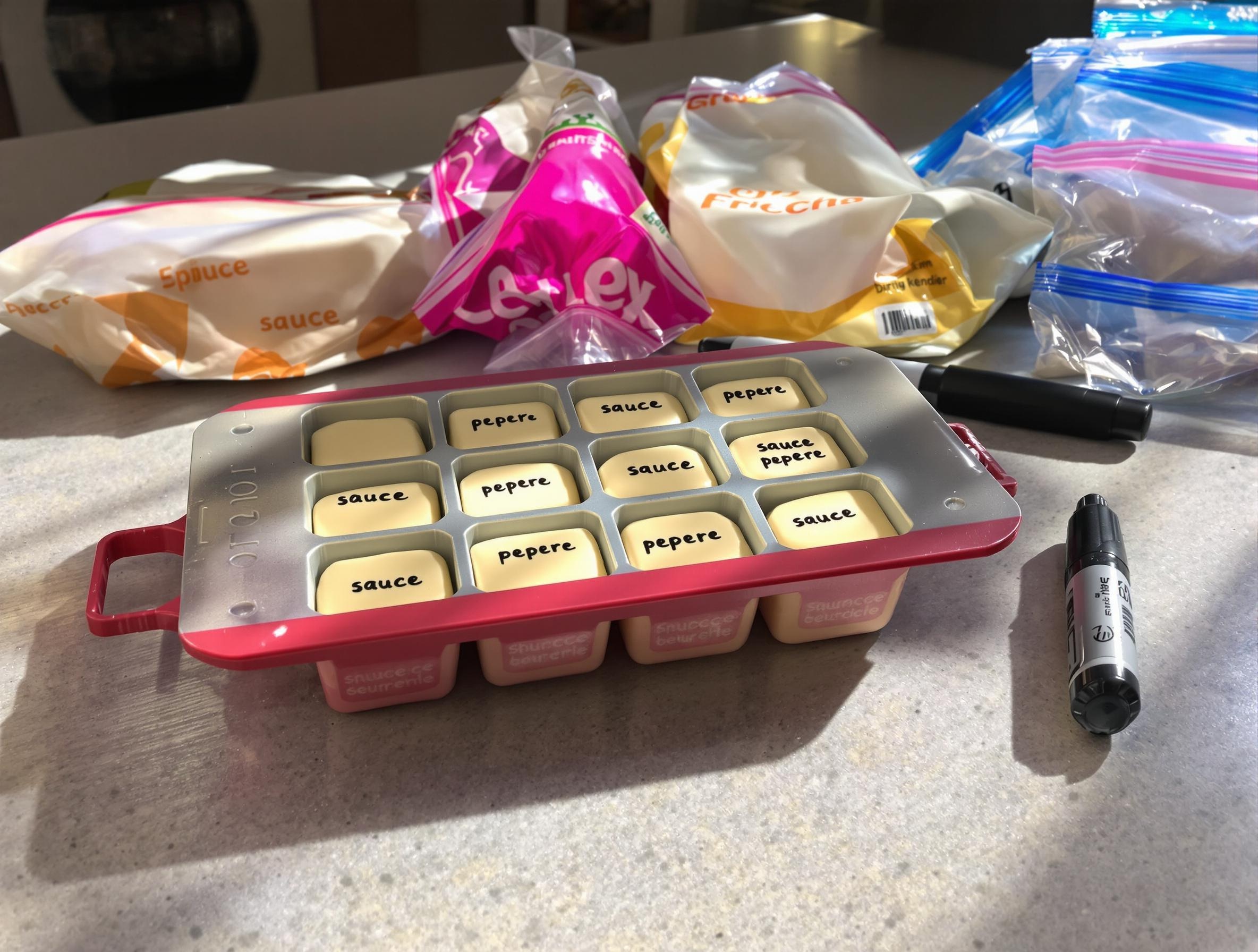 Bac à glaçons avec cubes crémeux étiquetés sauce poivre prêt à congeler