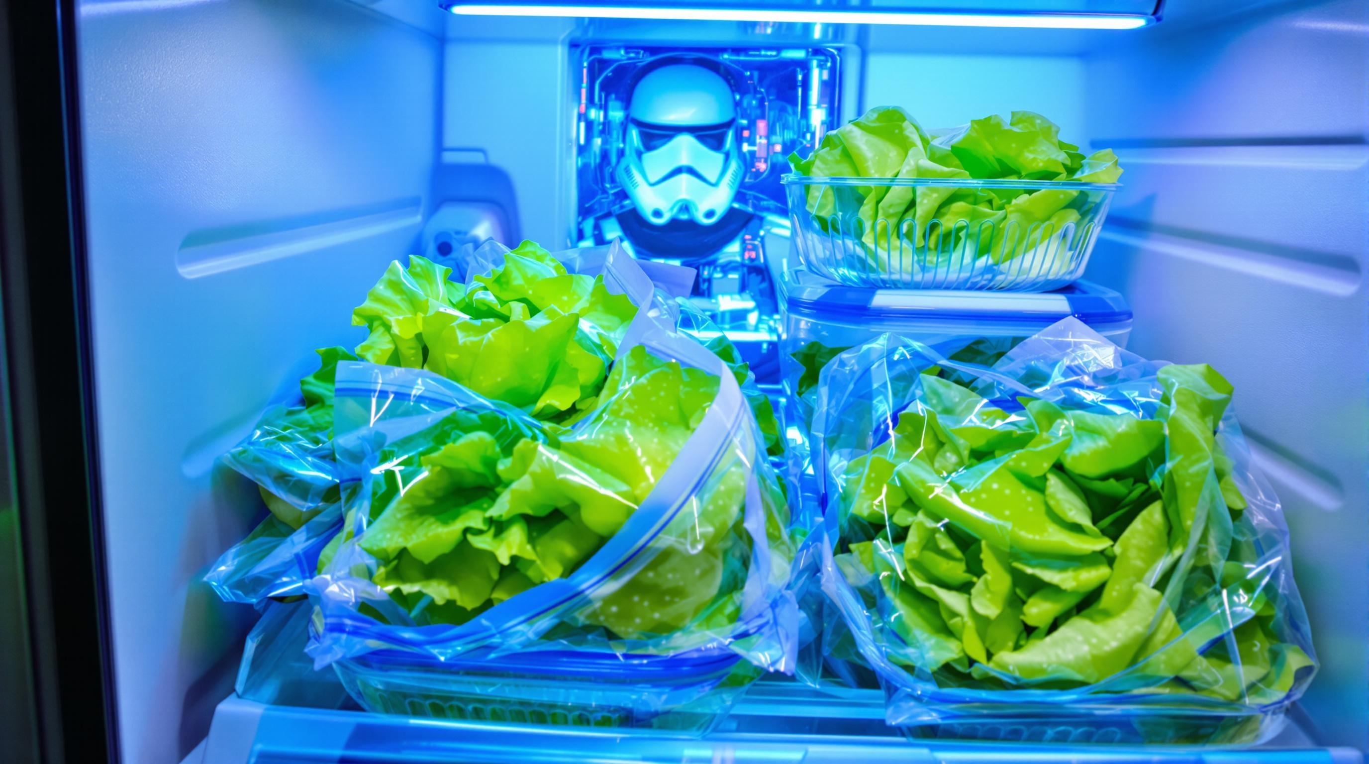 Bac à légumes de frigo rempli de sucrines emballées dans des sachets perforés.