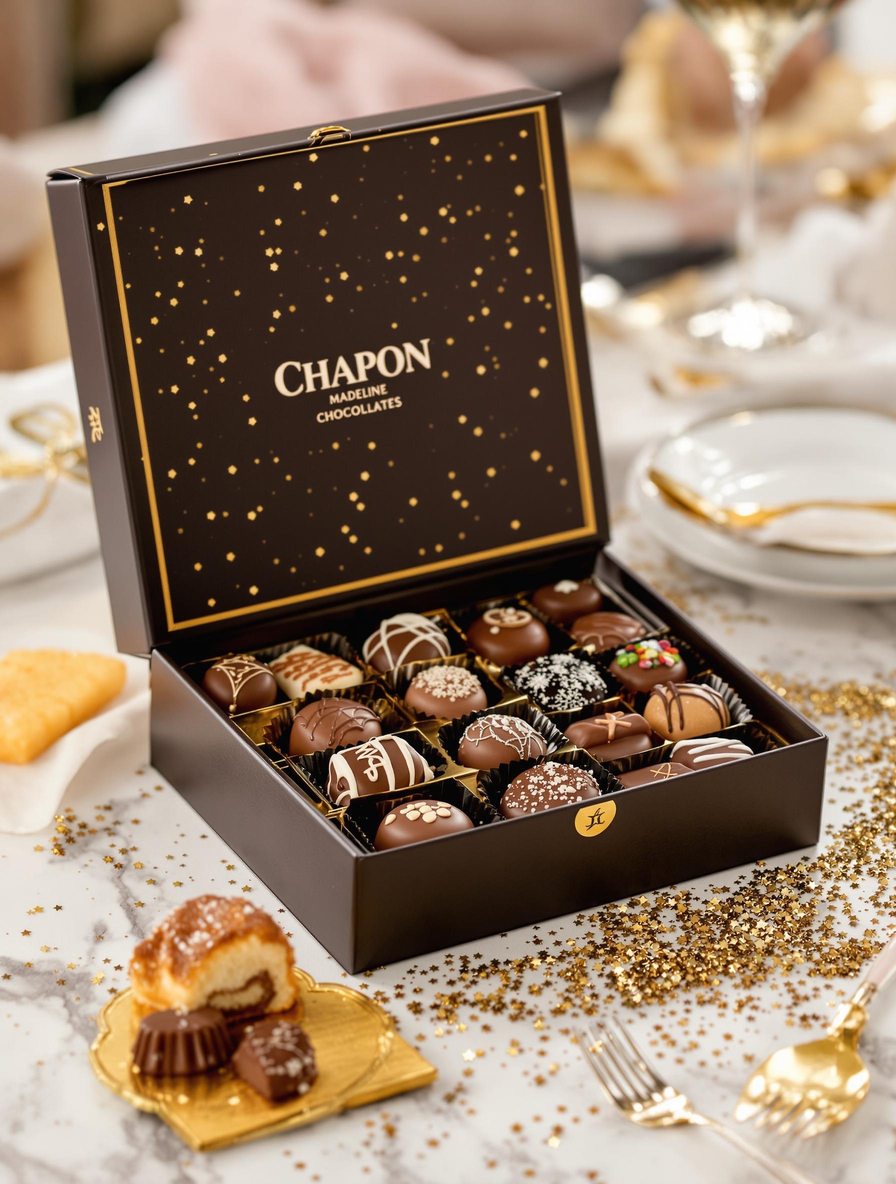 Ballotin de chocolats Chapon ouvert ambiance festive madeleine de Proust.