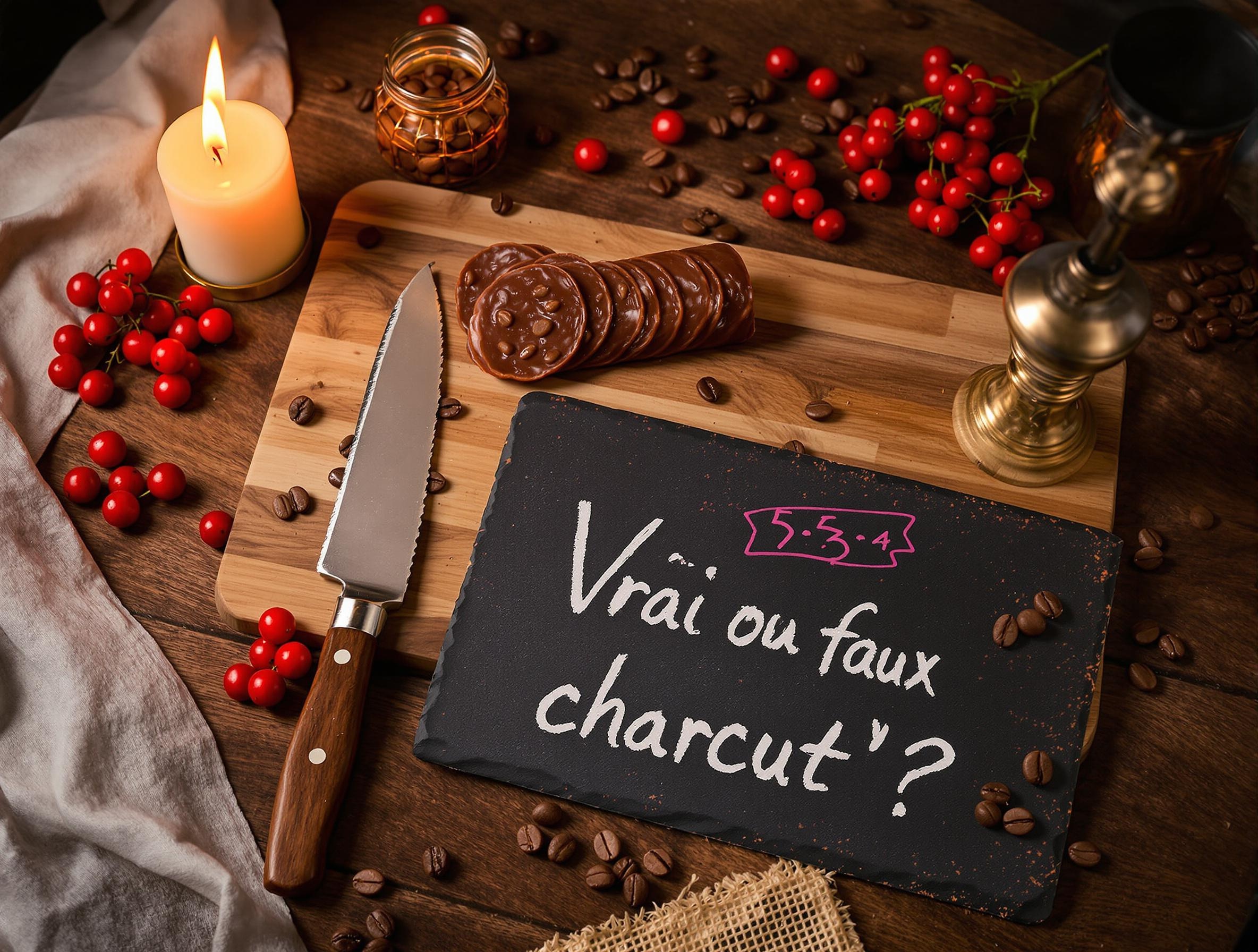Découpe trompe-l’œil : saucisson au chocolat froid, couteau dentelé chauffé, ardoise et fruits rouges.