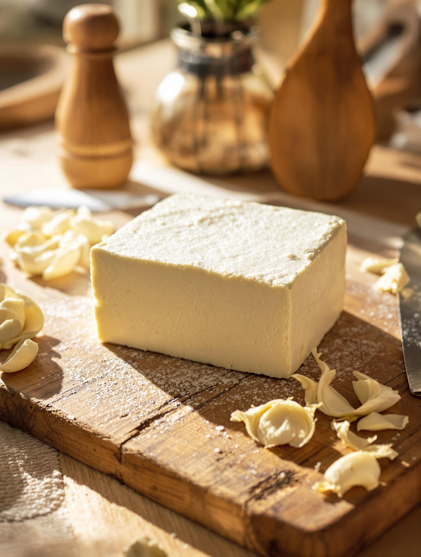 Bloc de tofu artisanal entouré d'échalotes et ustensiles lyonnais