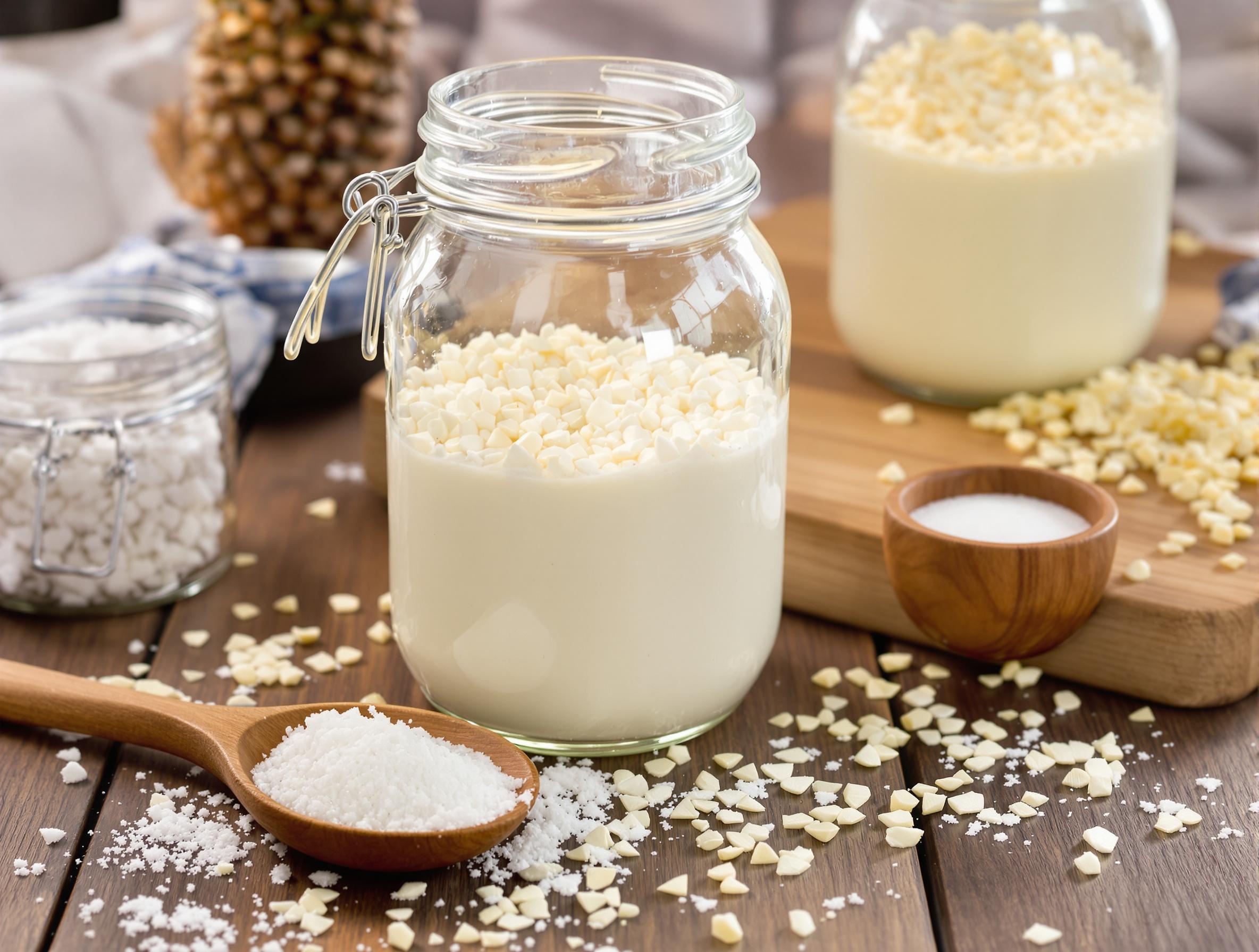 Bocal transparent avec grains de kéfir et lait sur une table en bois