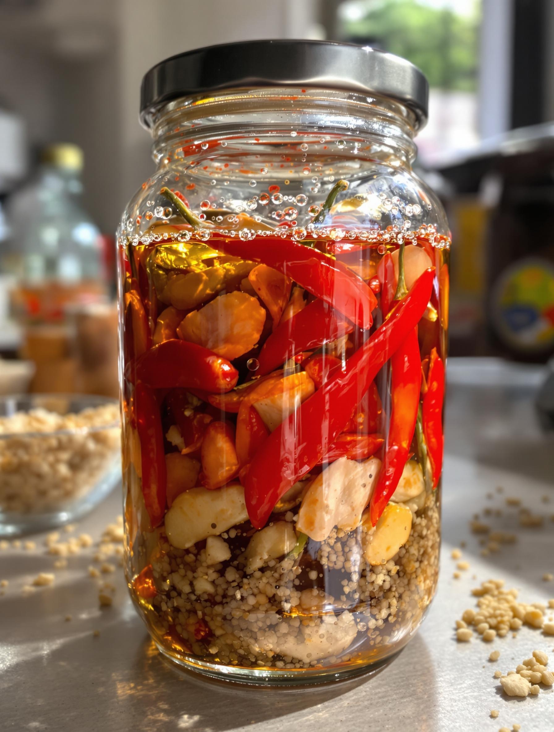 Bocal contenant des piments rouges en fermentation maison, avec des bulles de surface et de l'ail visible