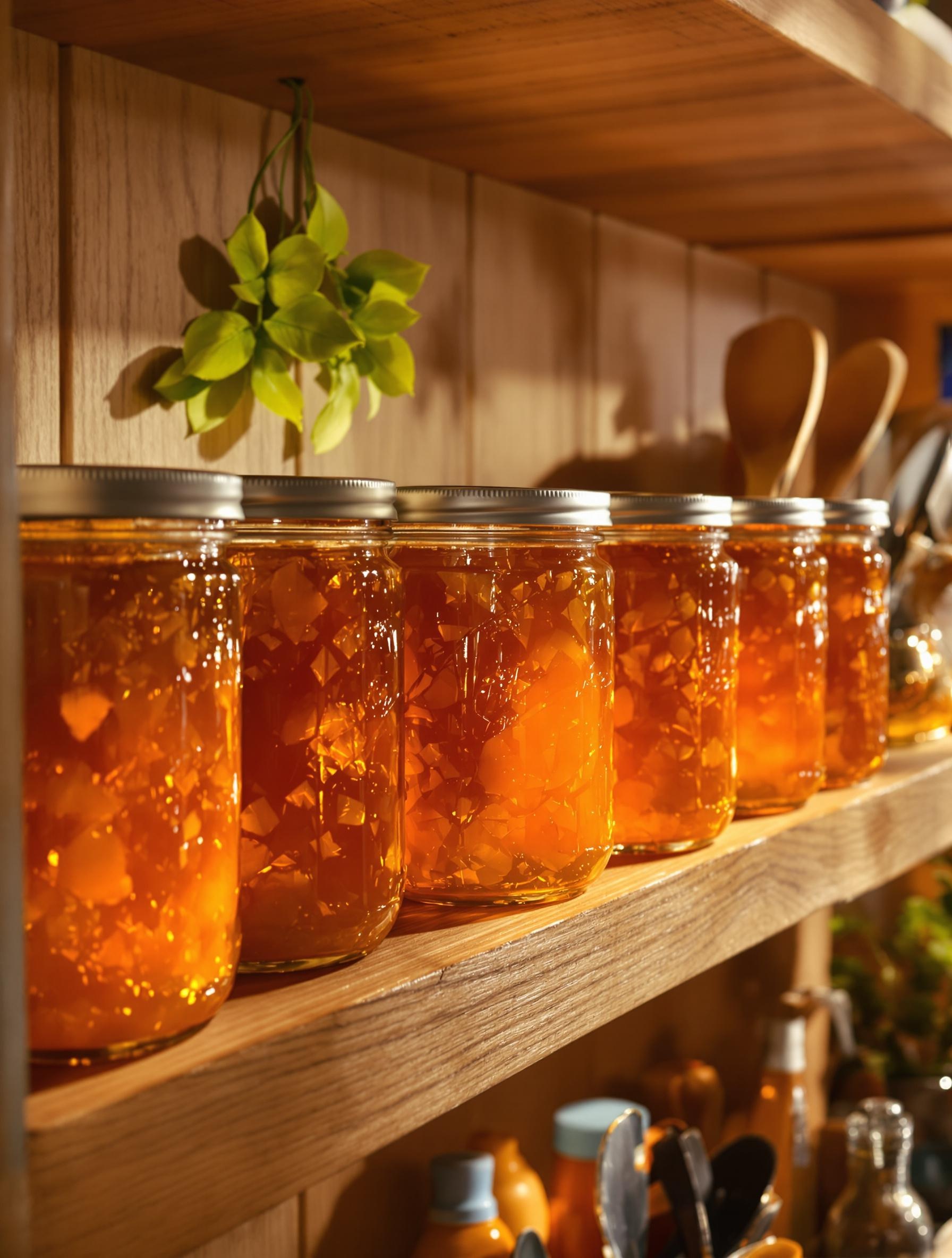 Bocaux de confiture d'oranges amères alignés sur une étagère