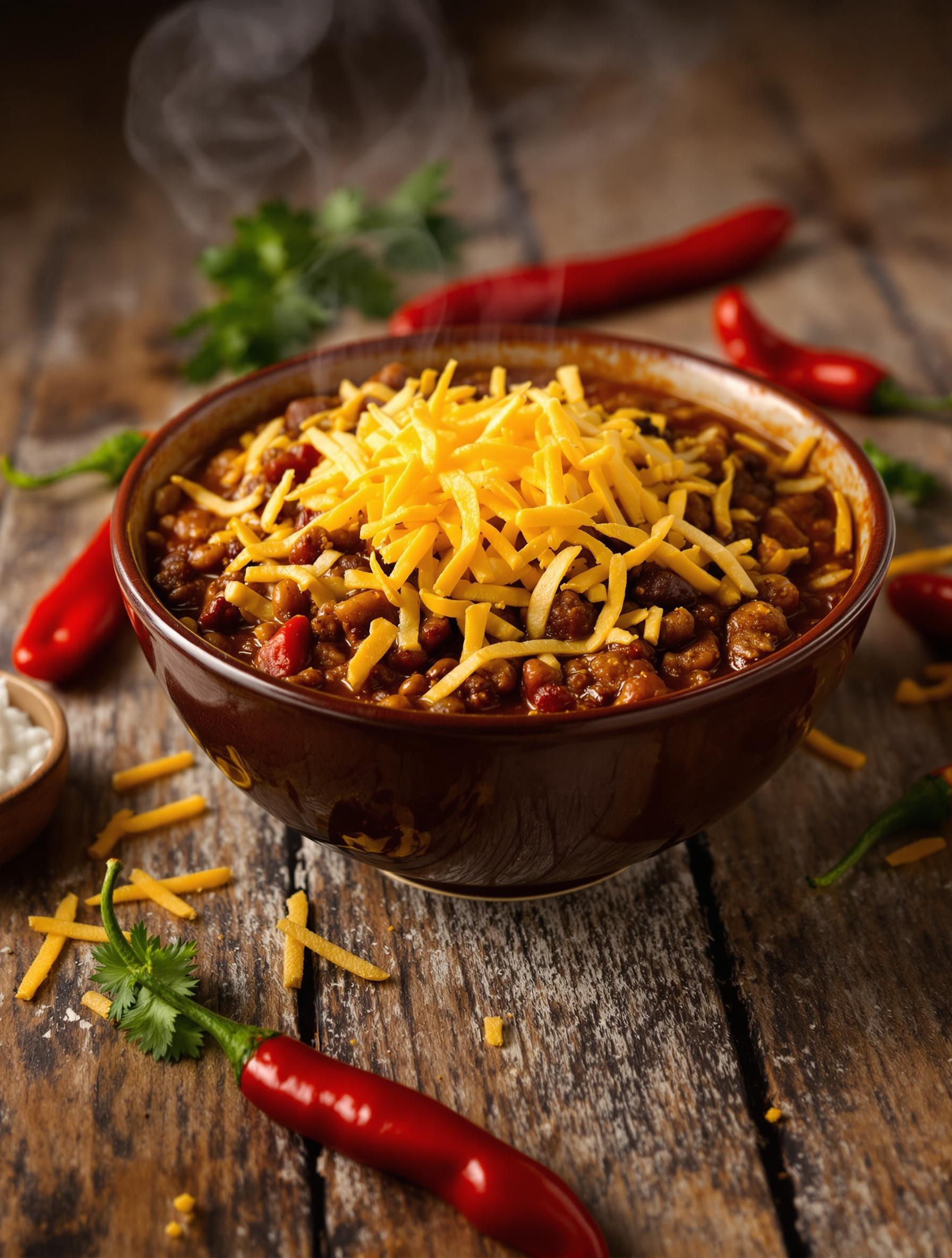 Bol de chili con carne gratiné au cheddar, prêt à être dégusté