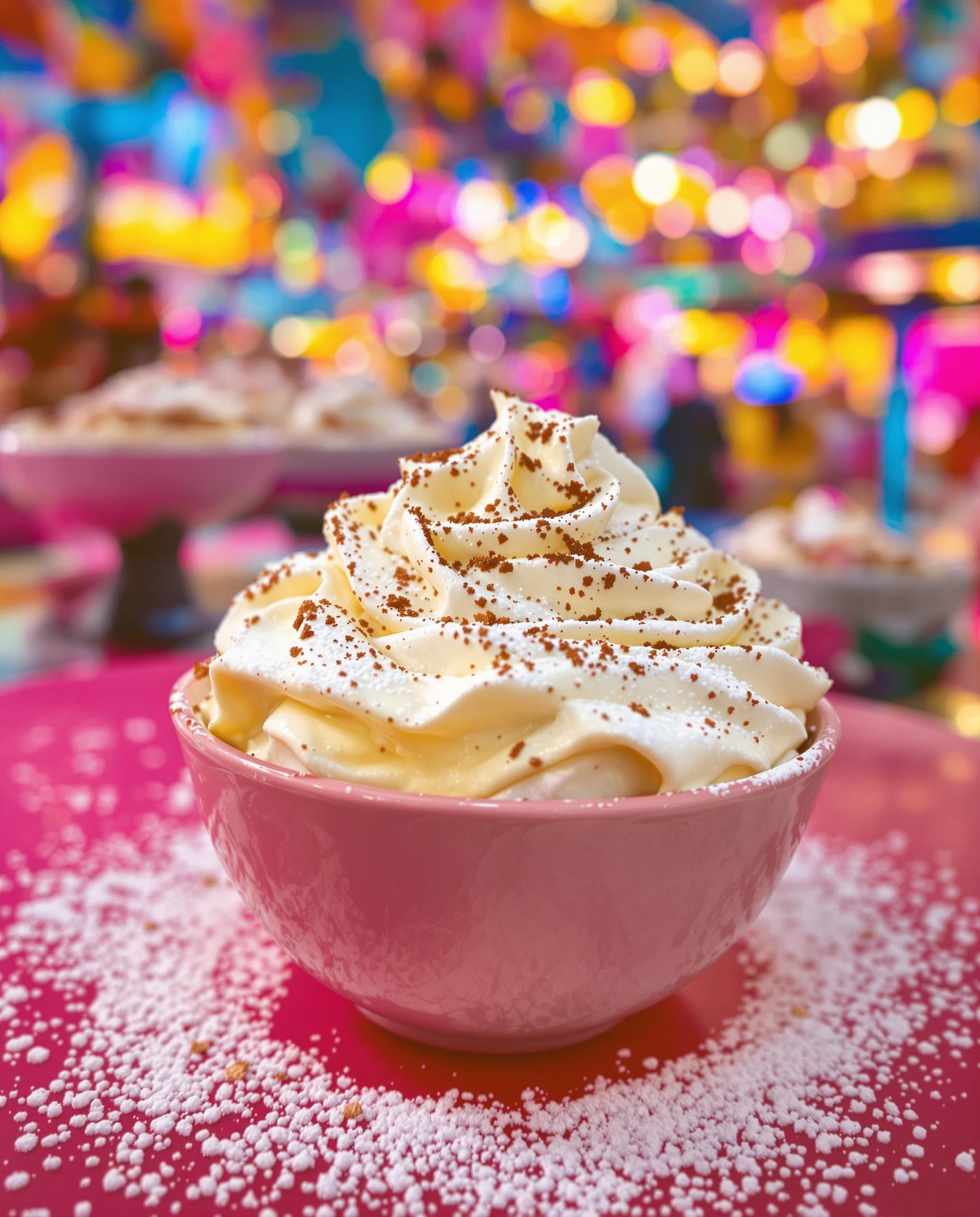 Crème tiramisu parsemée de sucre glace ambiance pop.