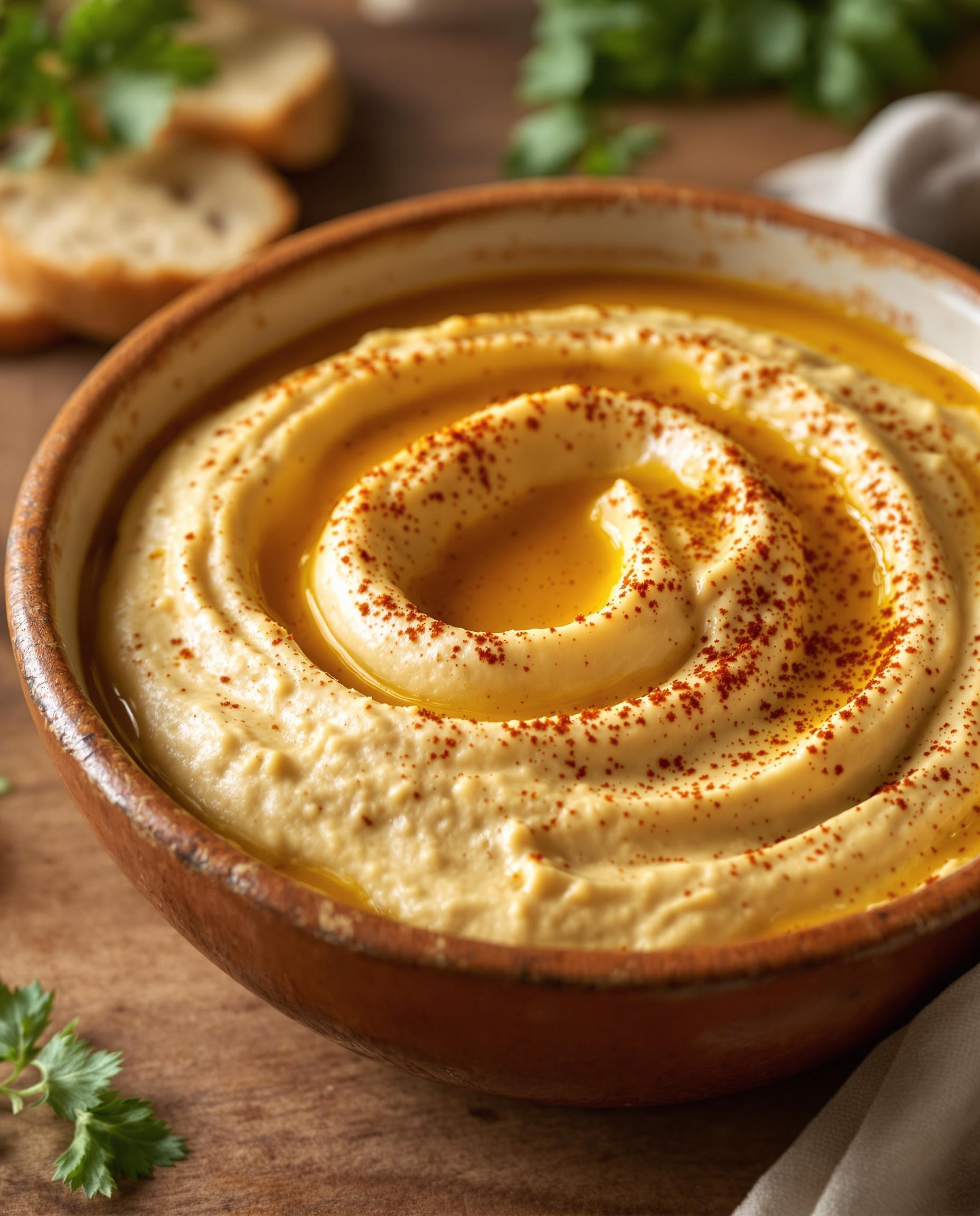 bol de houmous crémeux saupoudré de paprika fumé et filet d’huile d’olive