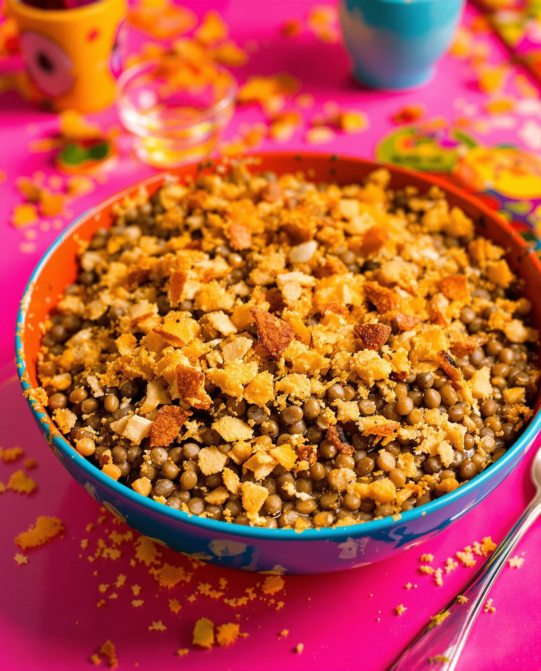 Bol de lentilles gratinées avec échalote et chapelure croustillante