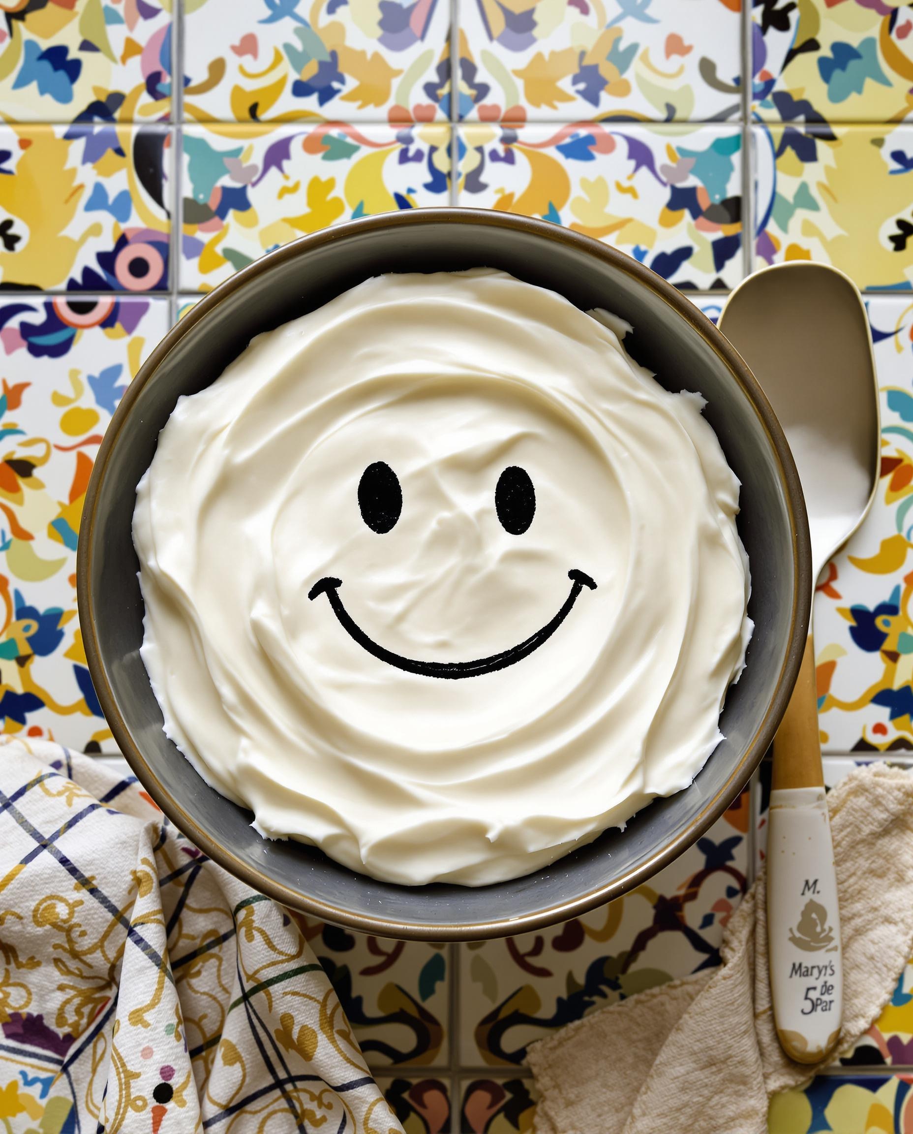 Bol de mascarpone fouetté texture lisse et emoji rire.
