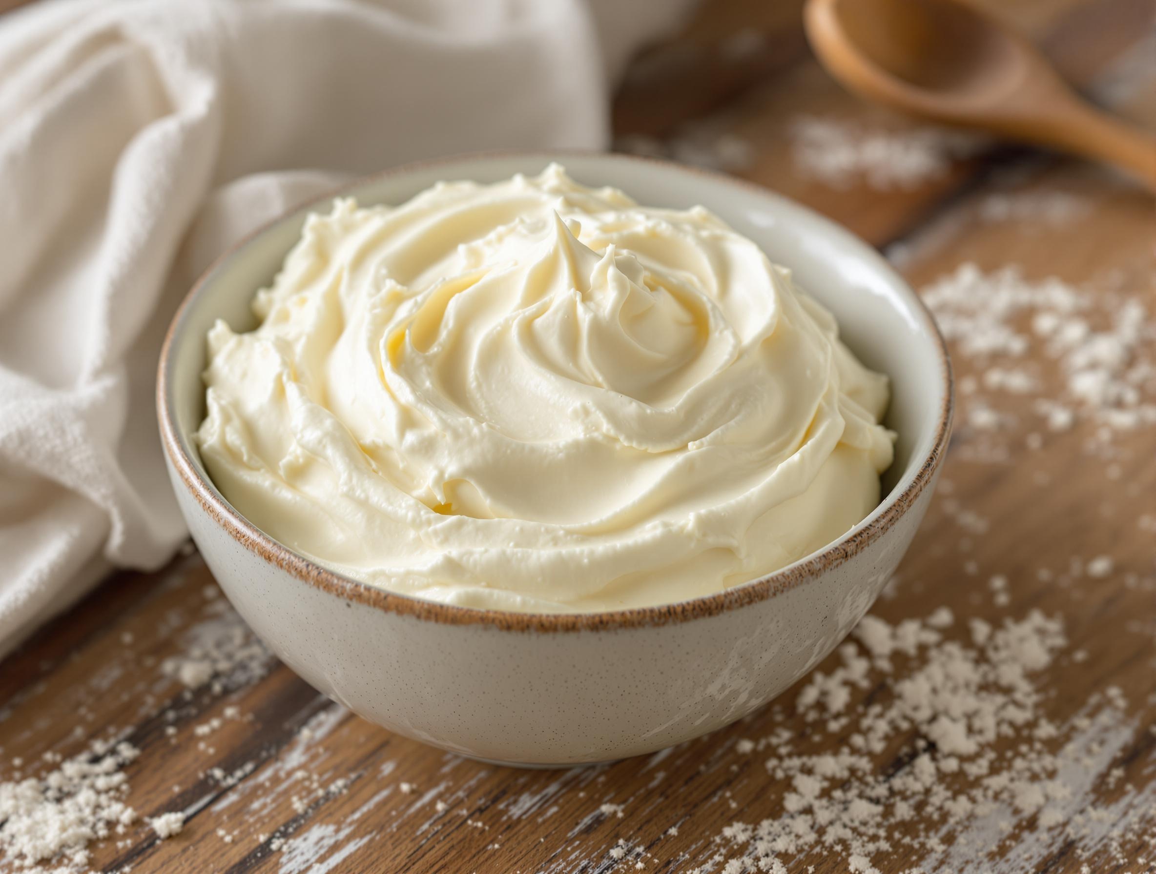 Bol de mascarpone onctueux prêt à être incorporé, posé sur un plan de travail rustique.