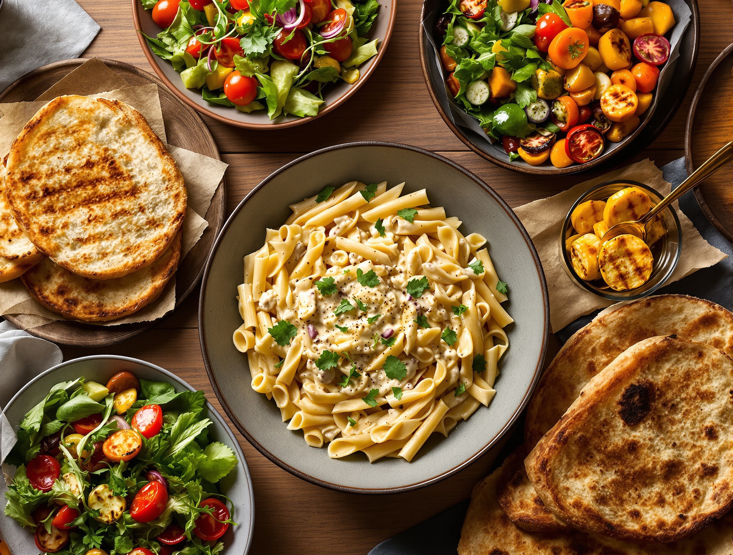 Pâtes crémeuses au Boursin entourées de salades, pains variés et légumes rôtis sur table conviviale