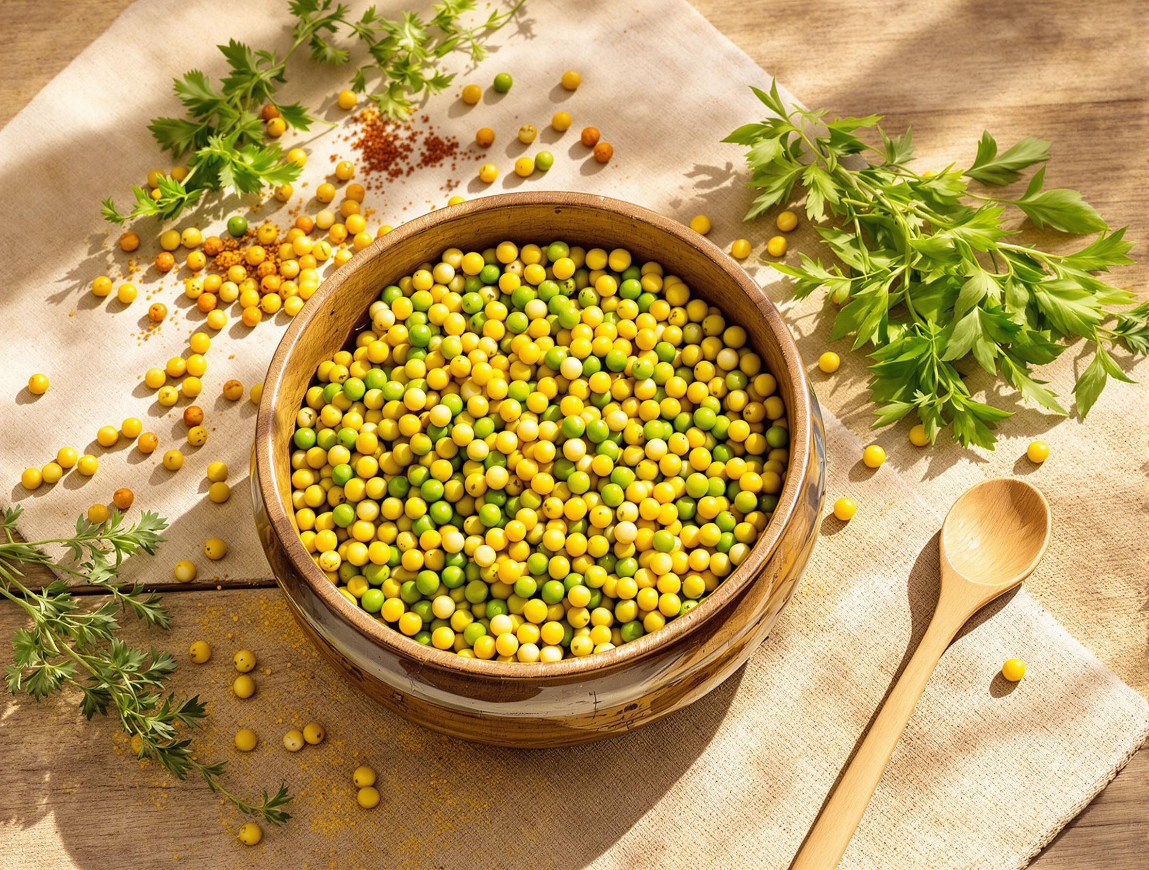 Bol de pois cassés verts et jaunes entouré d’herbes fraîches.