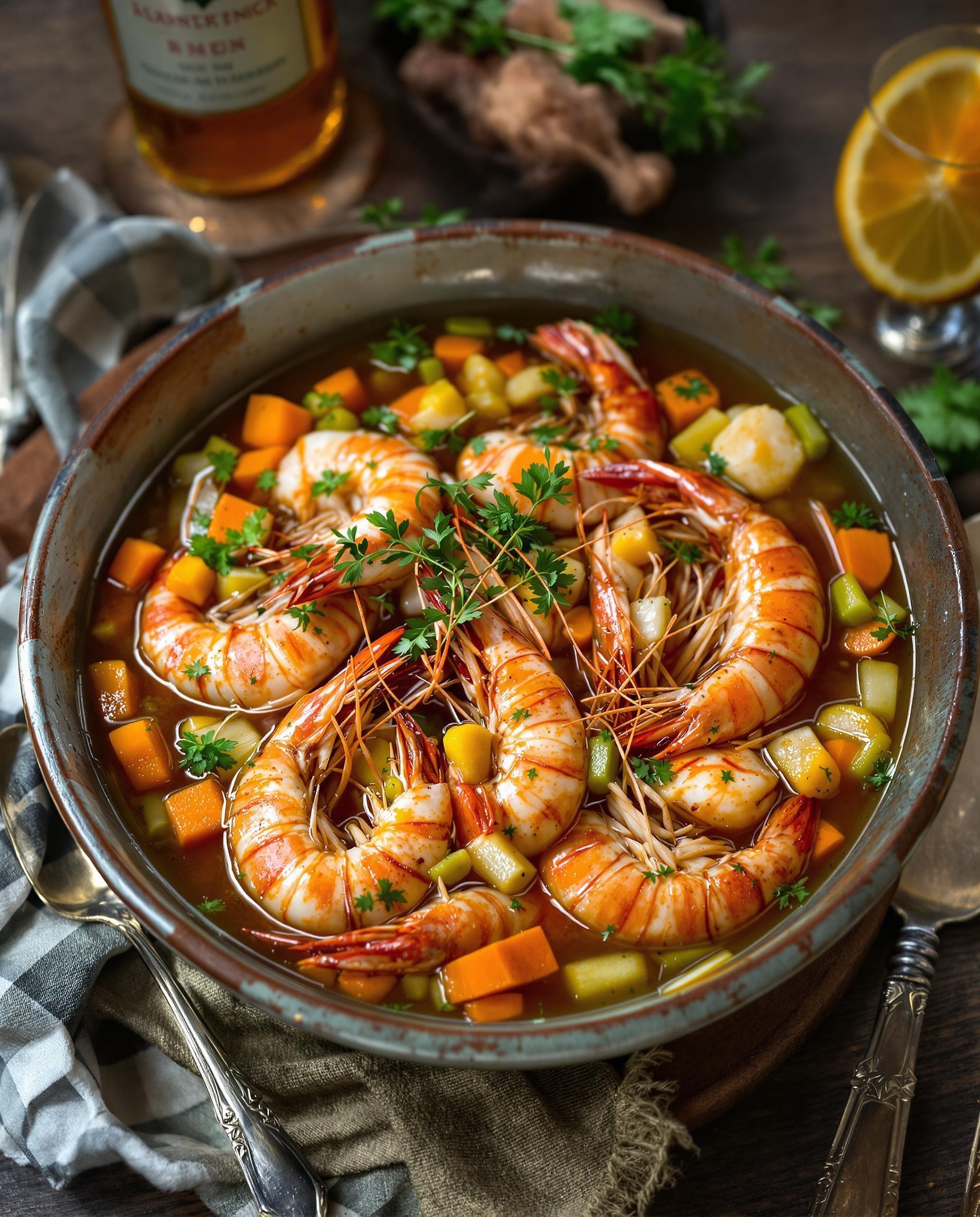 Bol rustique de langoustines plongées dans un court-bouillon épicé aux aromates lyonnais.