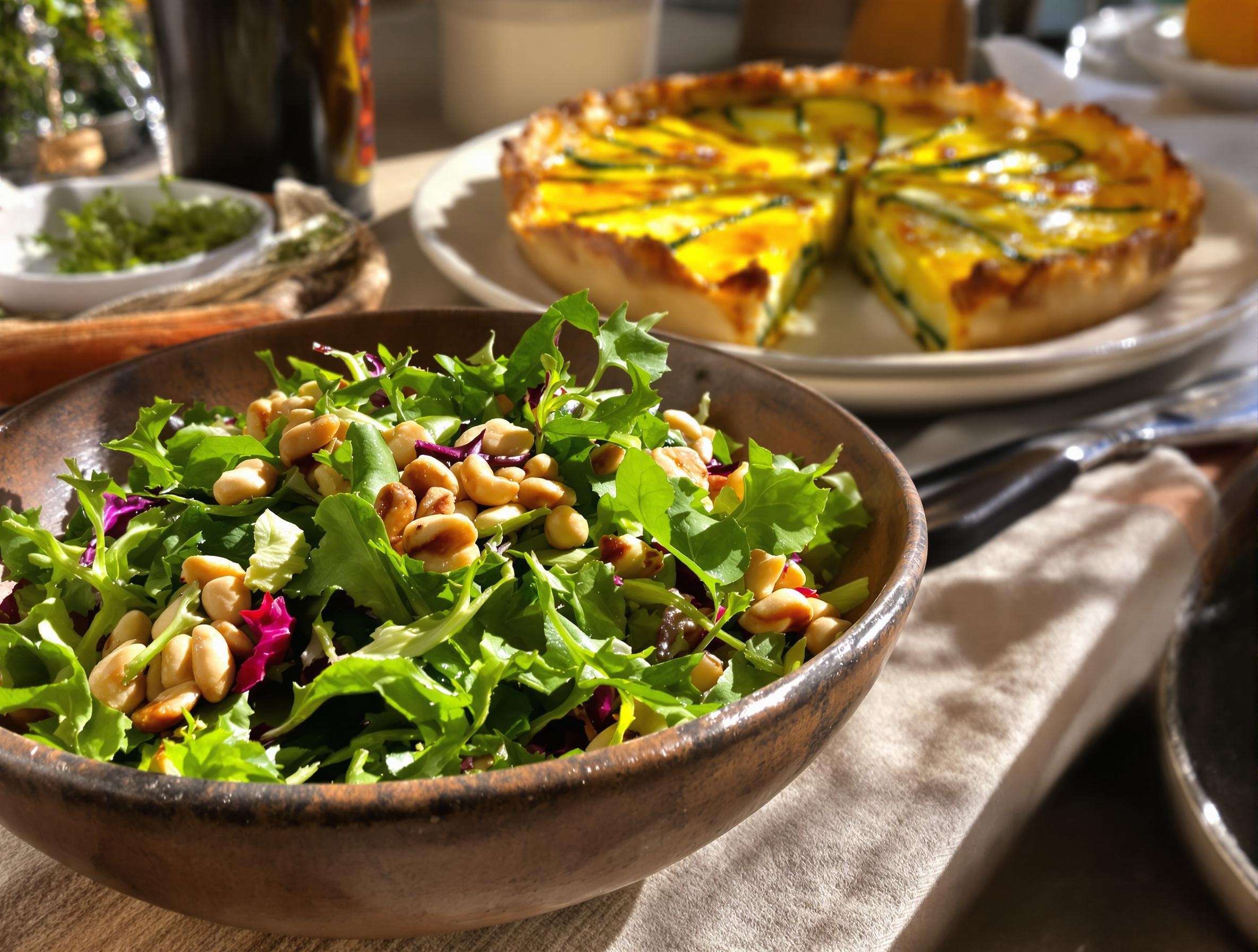 Salade mesclun et noisettes accompagnant une tarte aux courgettes dorée.