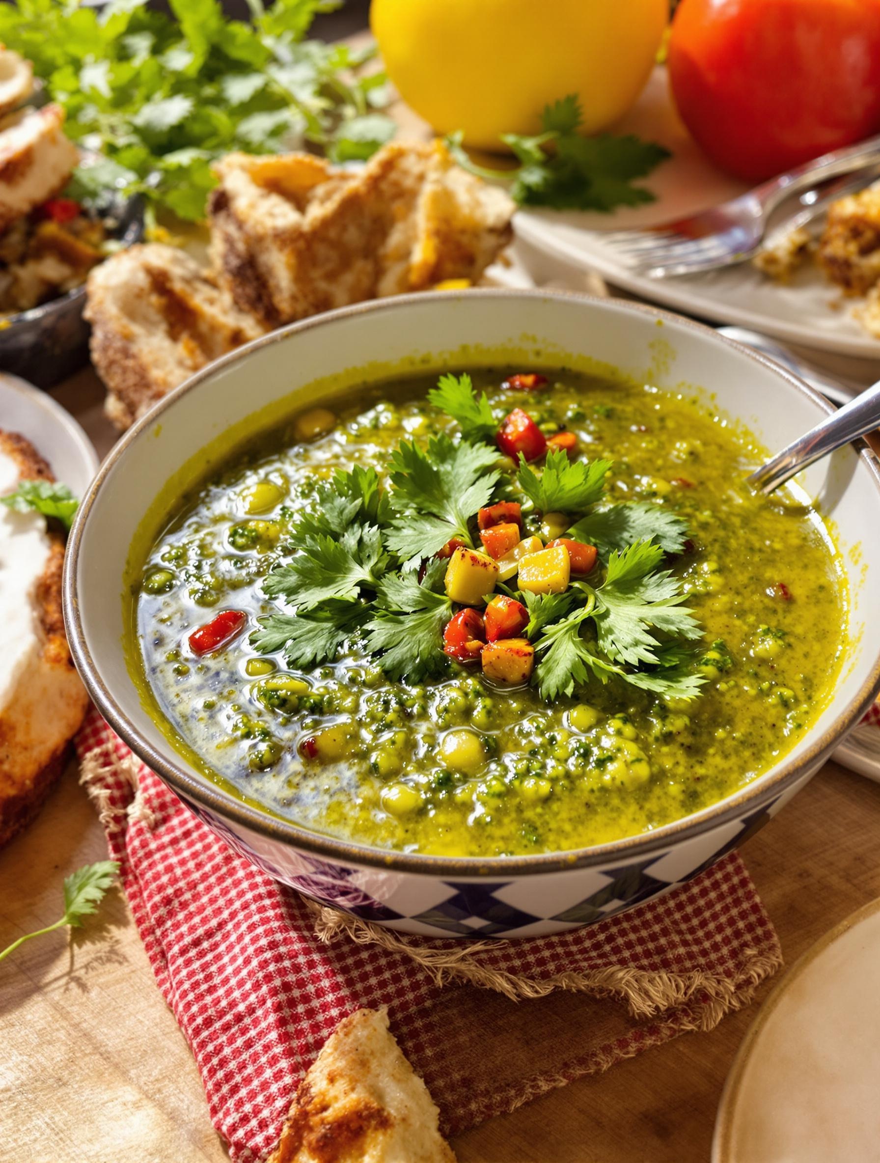 Bol de sauce chimichurri citronnée relevée avec morceaux de persil frais et piment rouge.