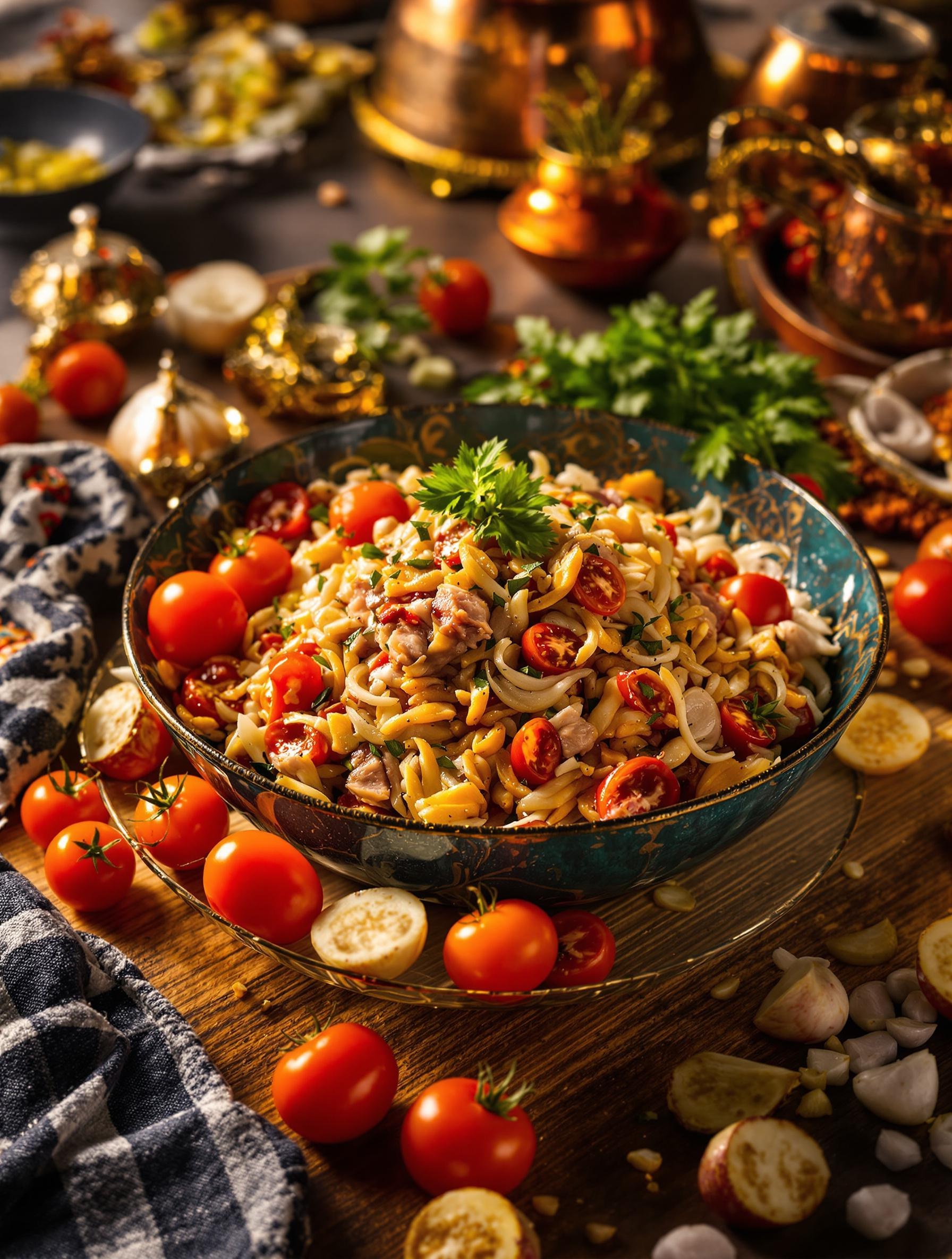Bol de thon émietté entouré de tomates cerises et d’échalotes.
