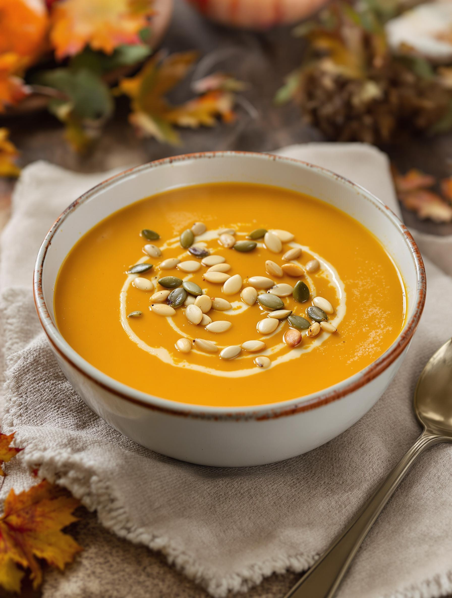 Soupe avec topping de graines de courge croustillantes