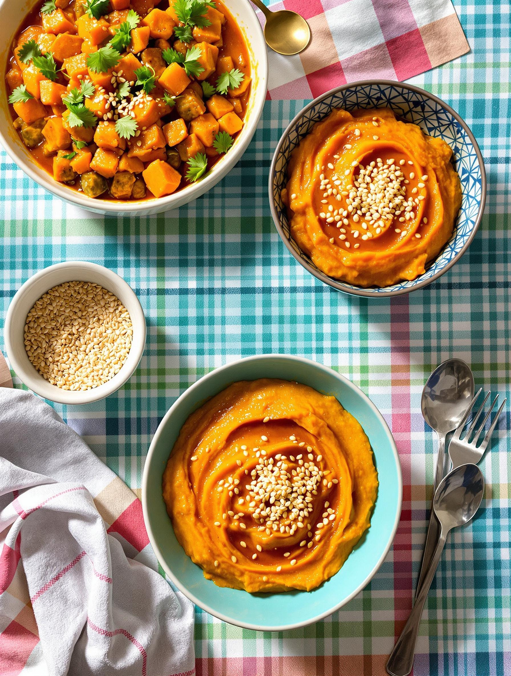 Purée, curry veggie flamboyant et sauce gomasio maison.