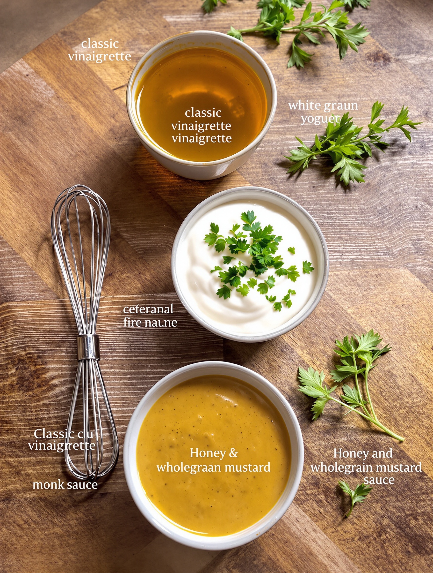 Trois sauces maison différentes dans des bols céramique sur bois rustique – classique dorée, yaourt aux herbes vertes, ambrée miel-moutarde.