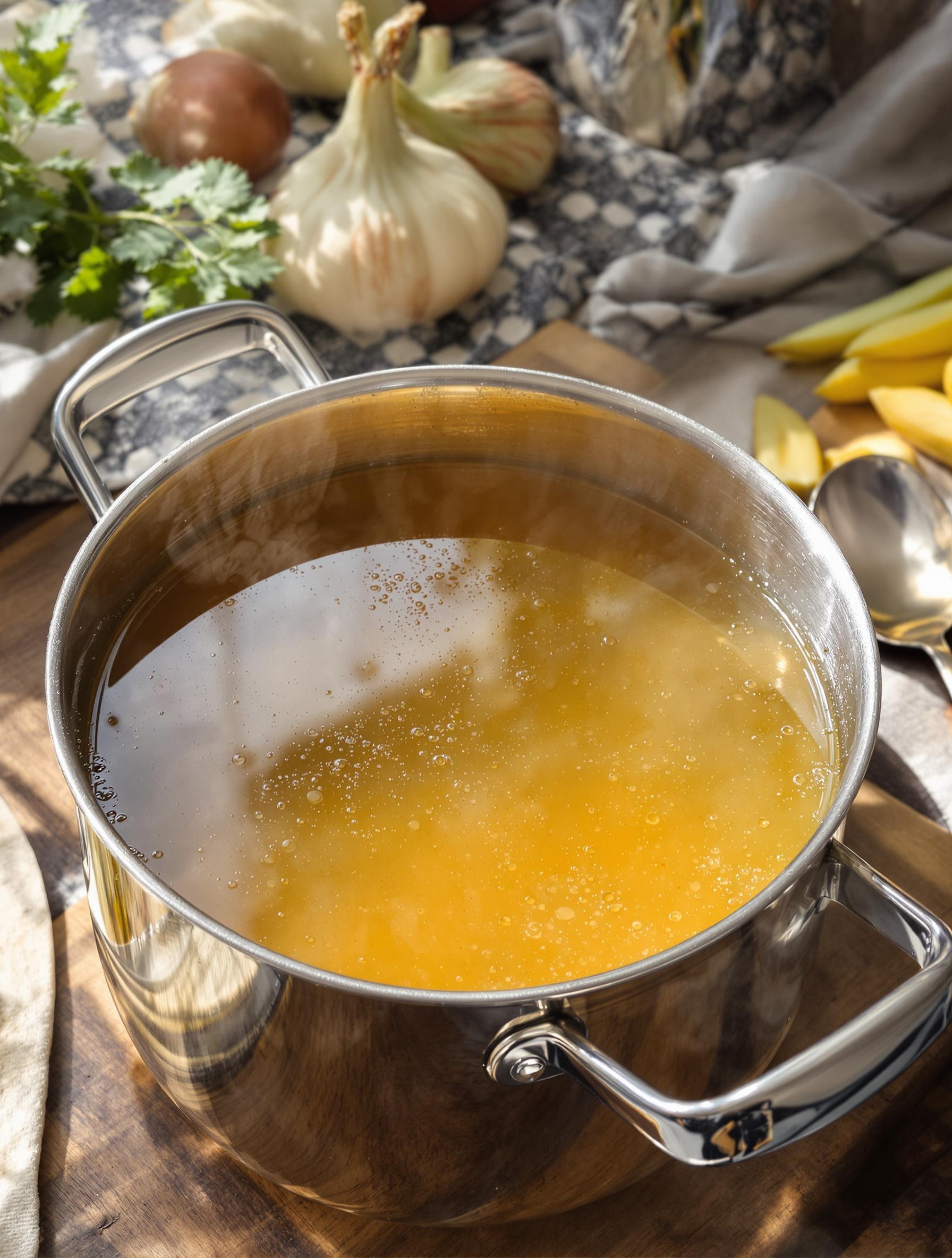 Bouillon maison frémissant dans une casserole avec louche argentée
