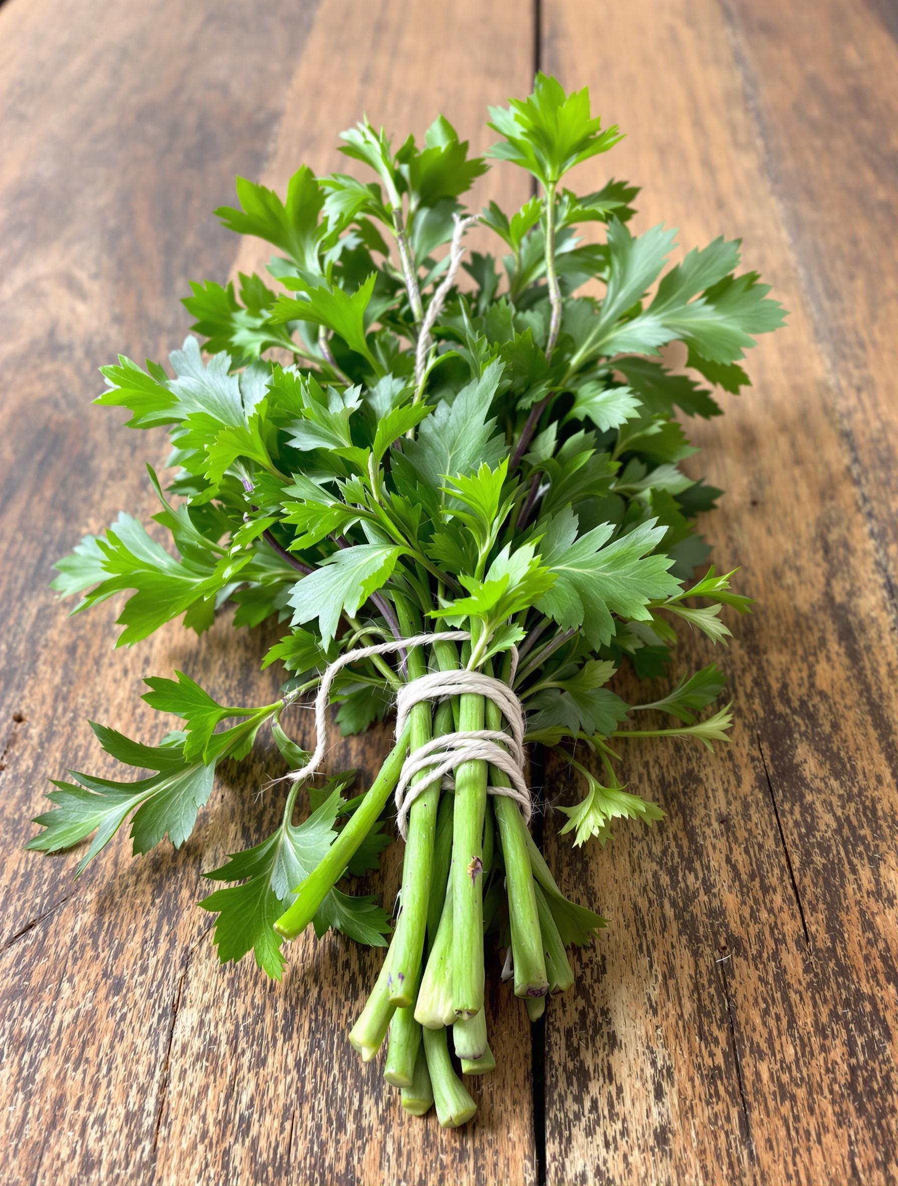 Bouquet garni classique ficelé avec thym, persil et laurier sur une table en bois