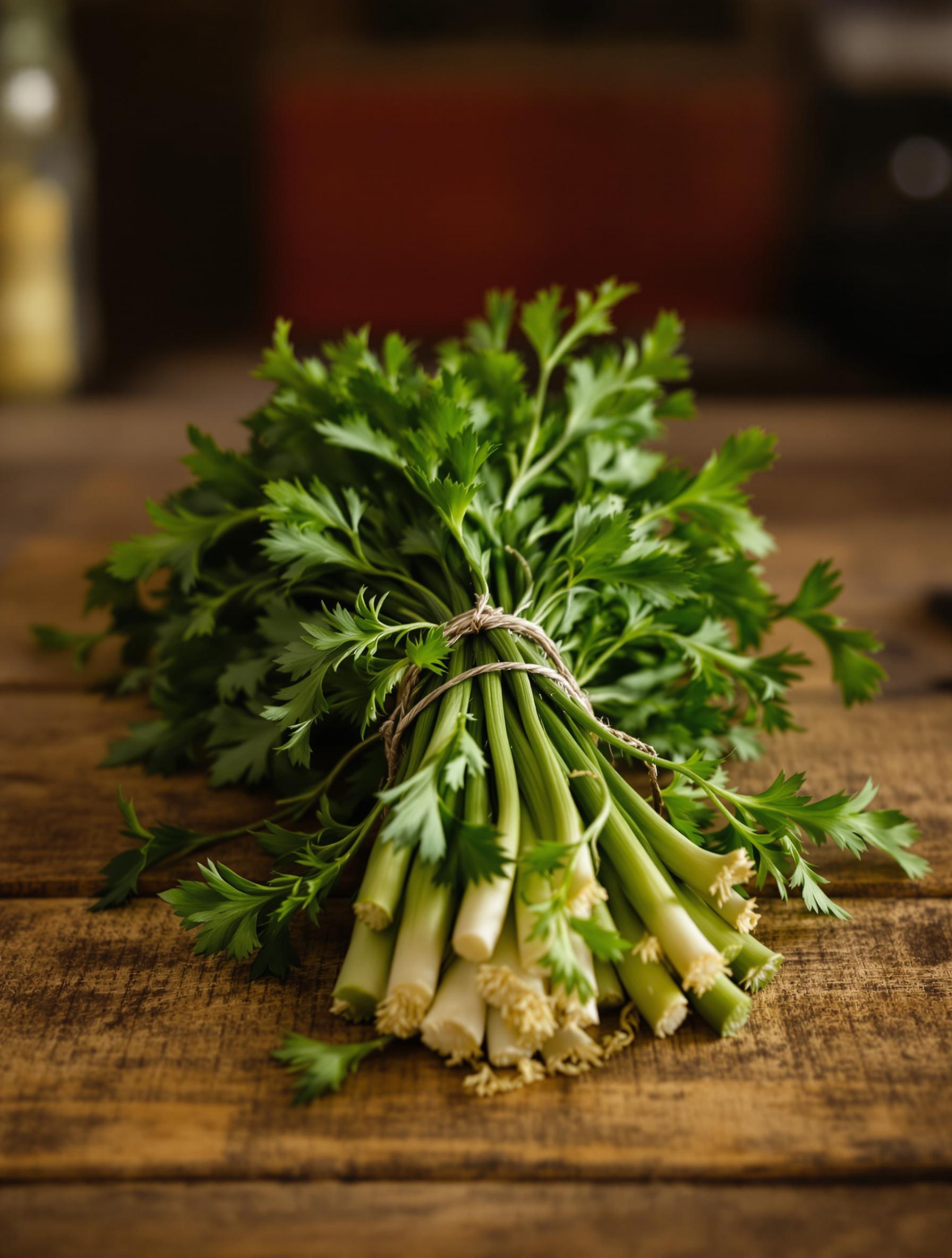 Bouquet garni lyonnais ficelé avec vert de poireau et queues de persil, ambiance bouchon lyonnais