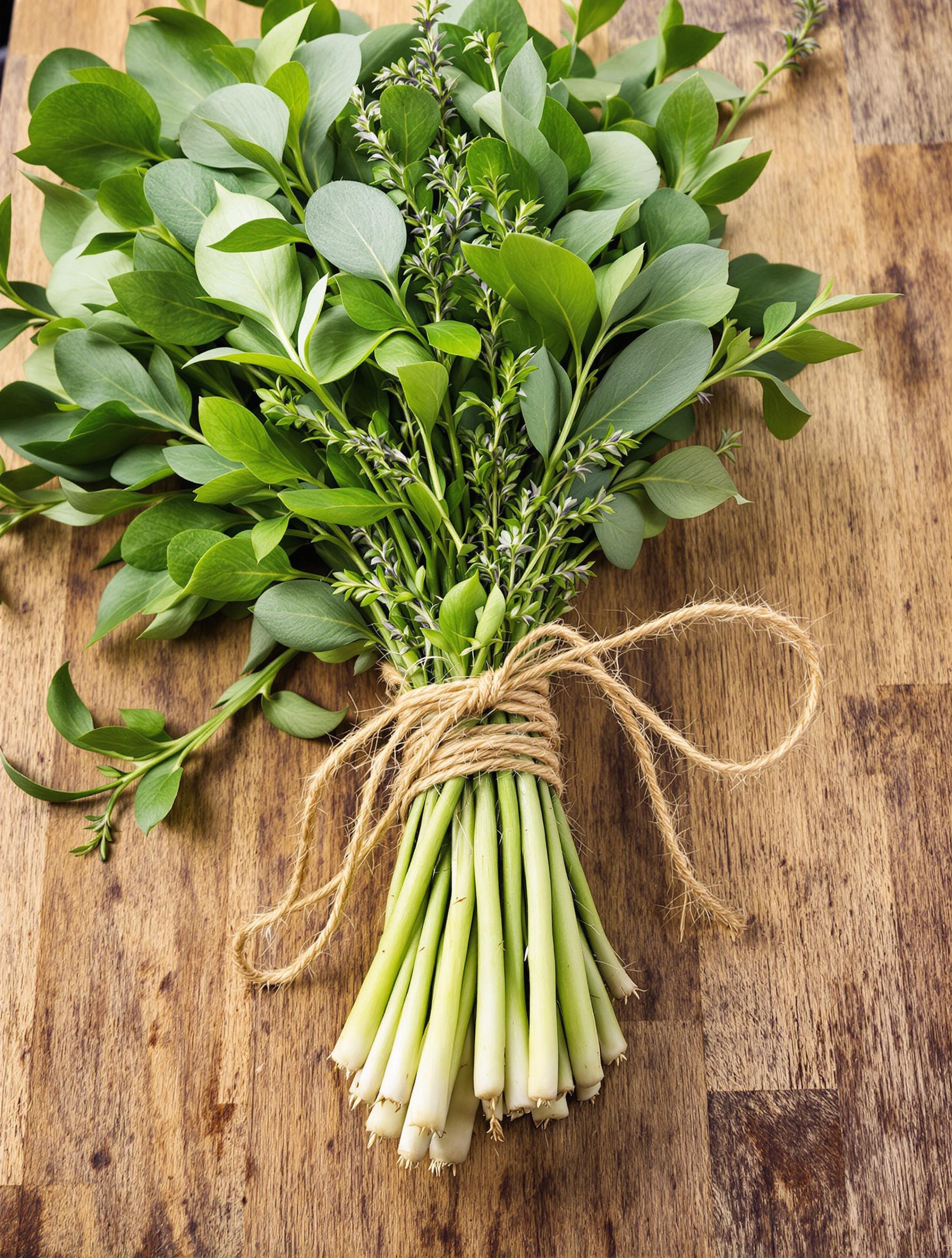 Bouquet garni fraîchement ficelé avec vert de poireau, thym et laurier sur une planche en bois rustique