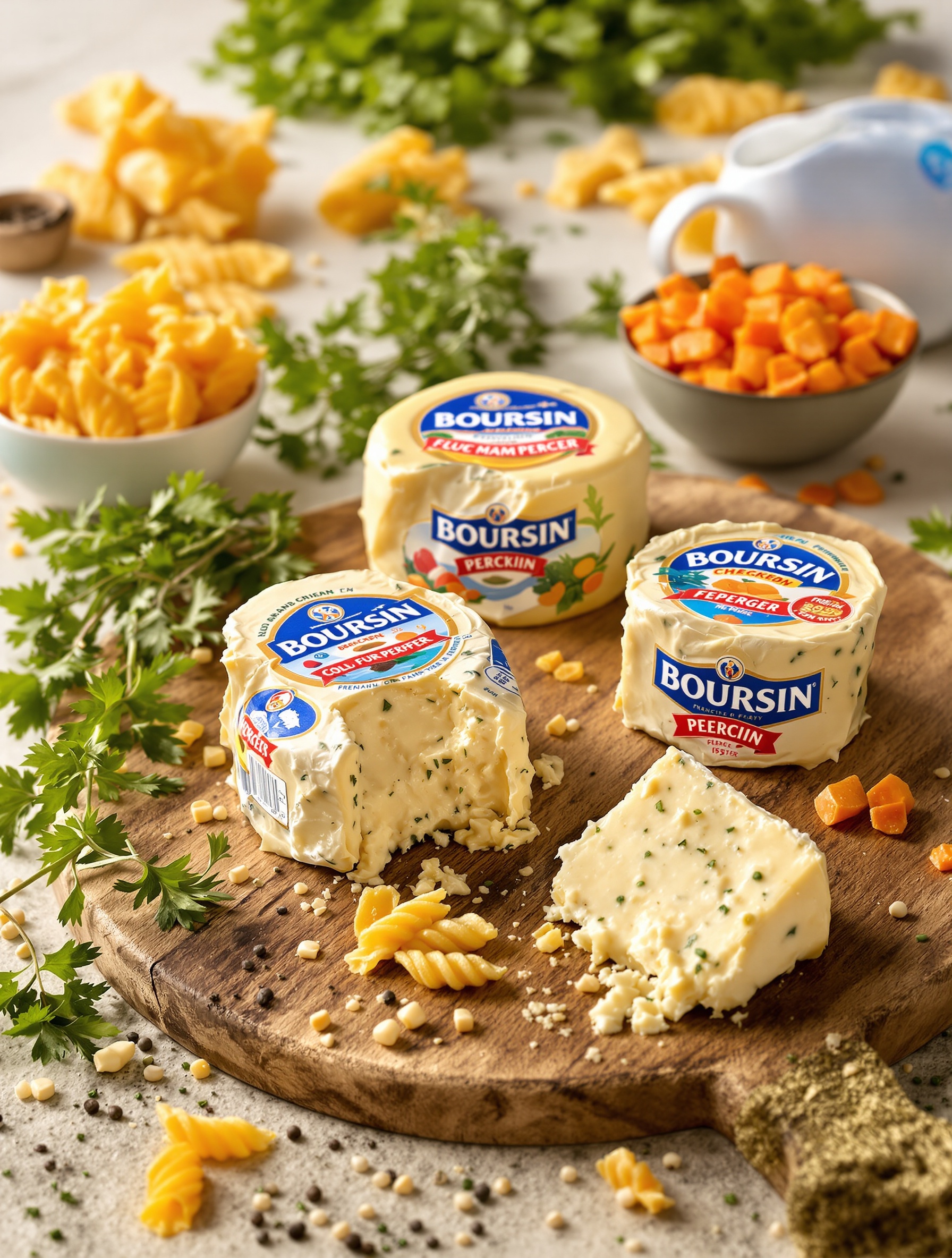 Sélection de fromages Boursin et pâtes colorées sur planche en bois
