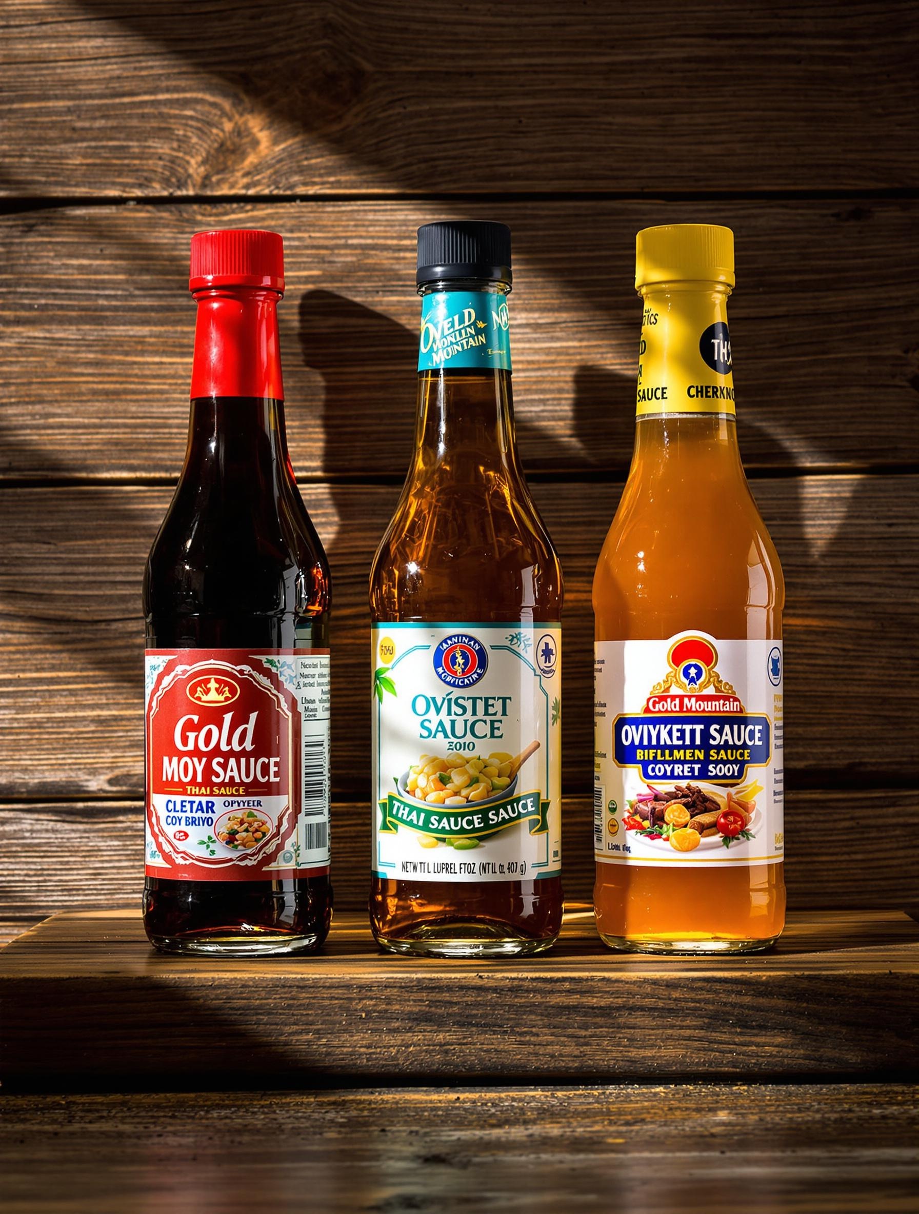 Sauces thaïlandaises typiques sur une planche en bois.