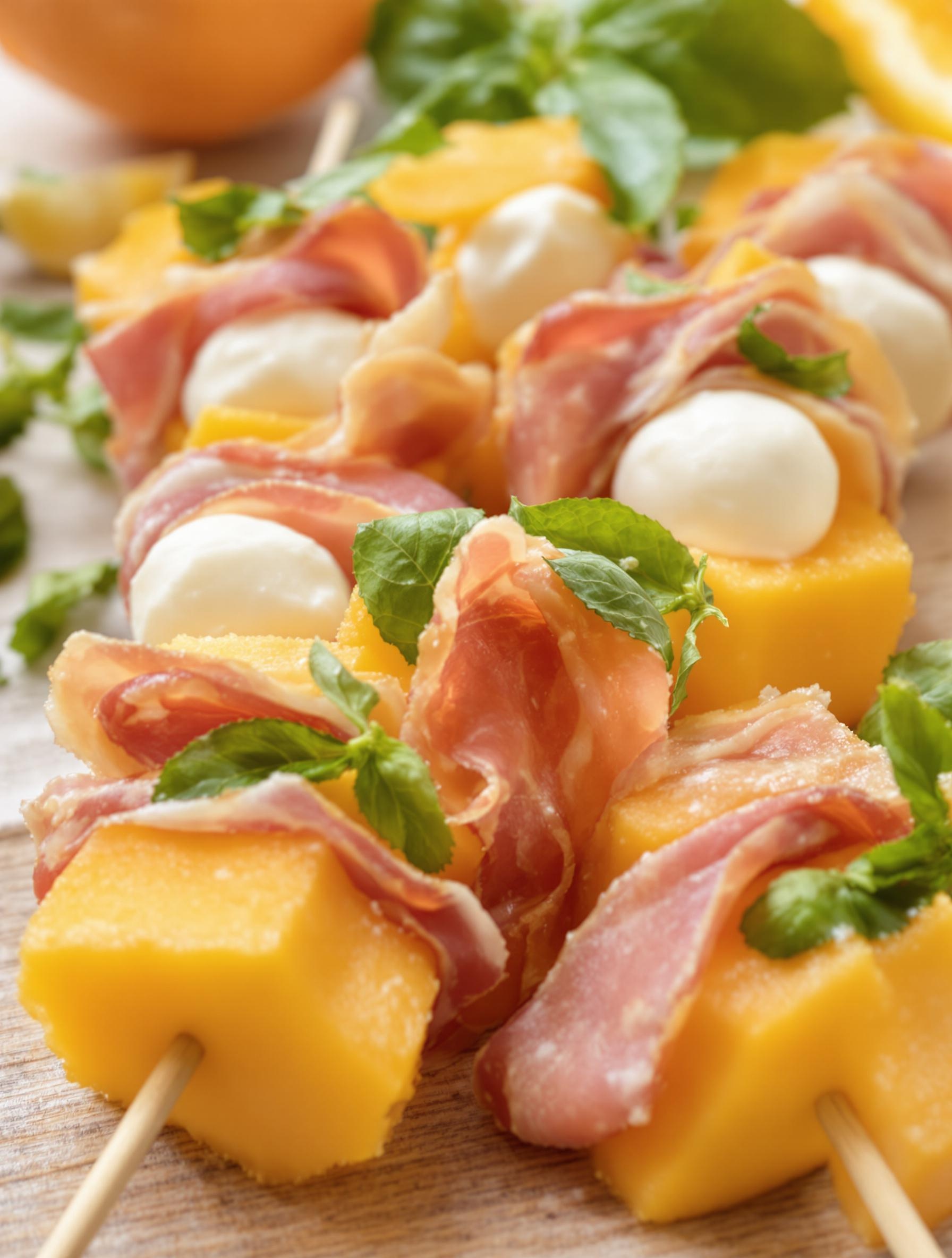 Brochette melon jambon mozzarella basilic apéritif