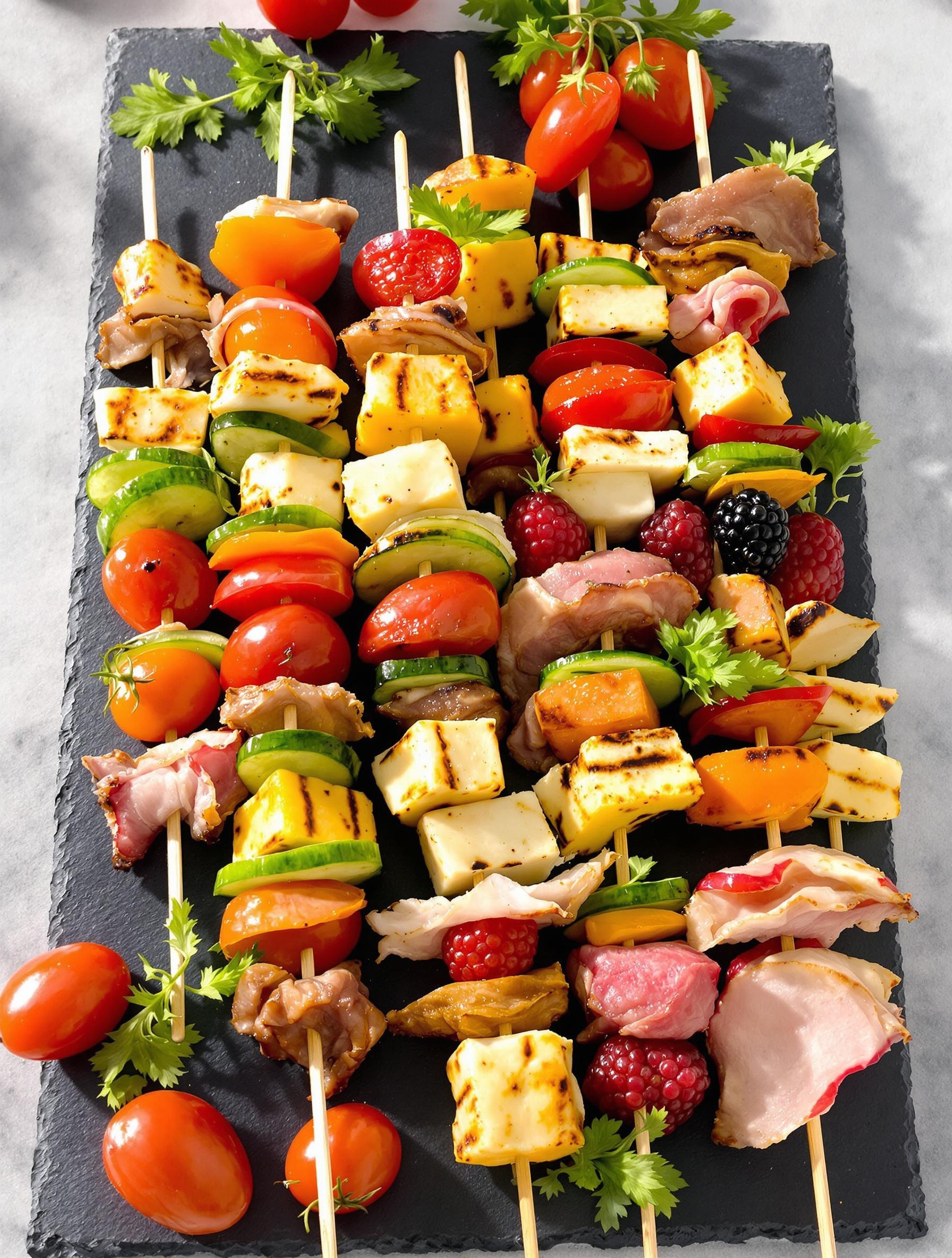 Brochettes apéritives dressées sur ardoise colorées