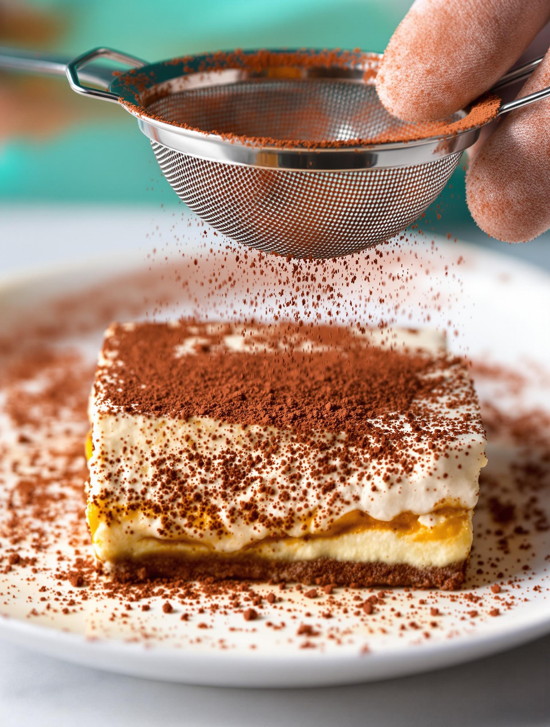 Cacao amer dans une passoire saupoudré en direct sur tiramisu, style food pop.