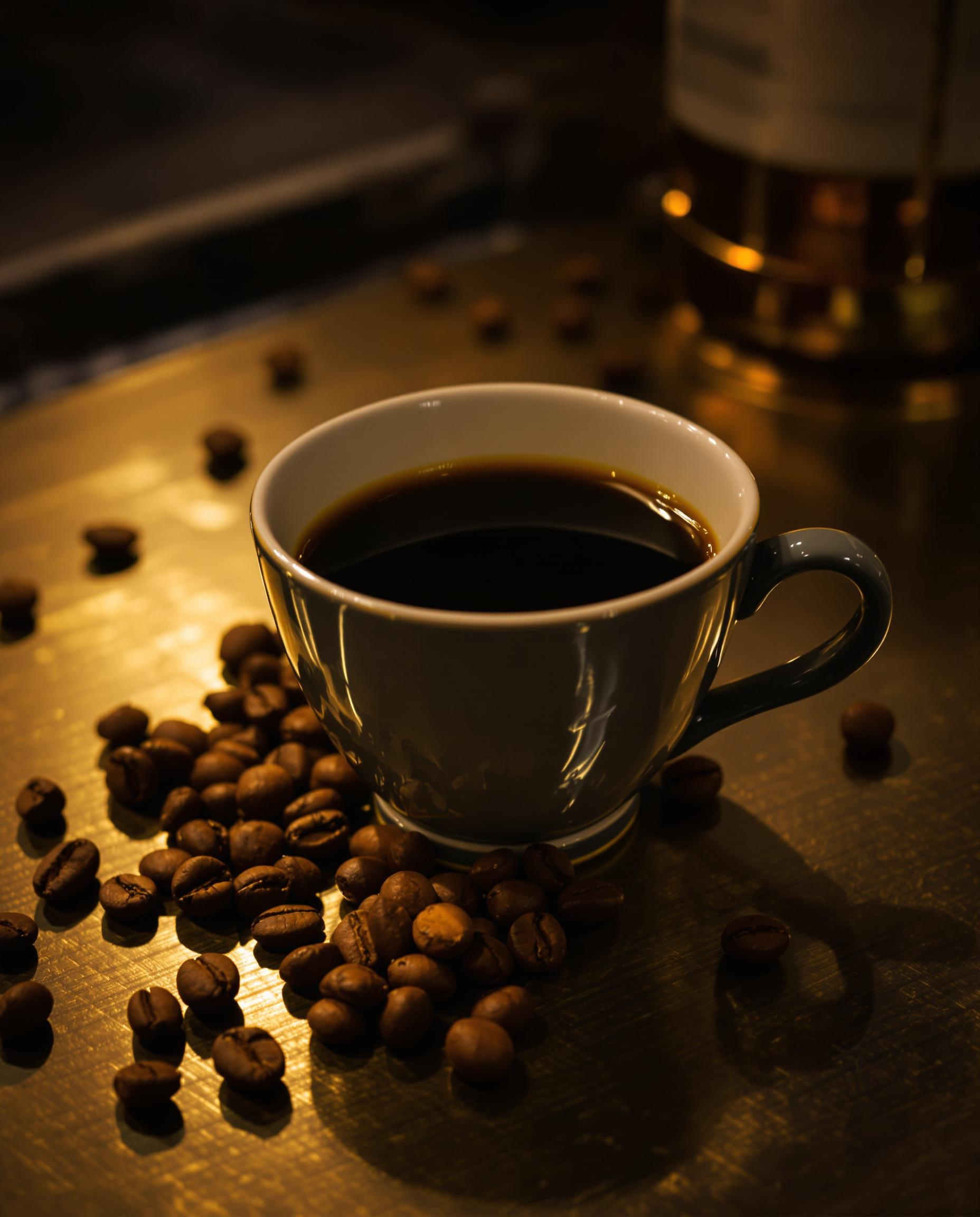 Café noir refroidi, petit verre d'Amaretto, grains éparpillés.