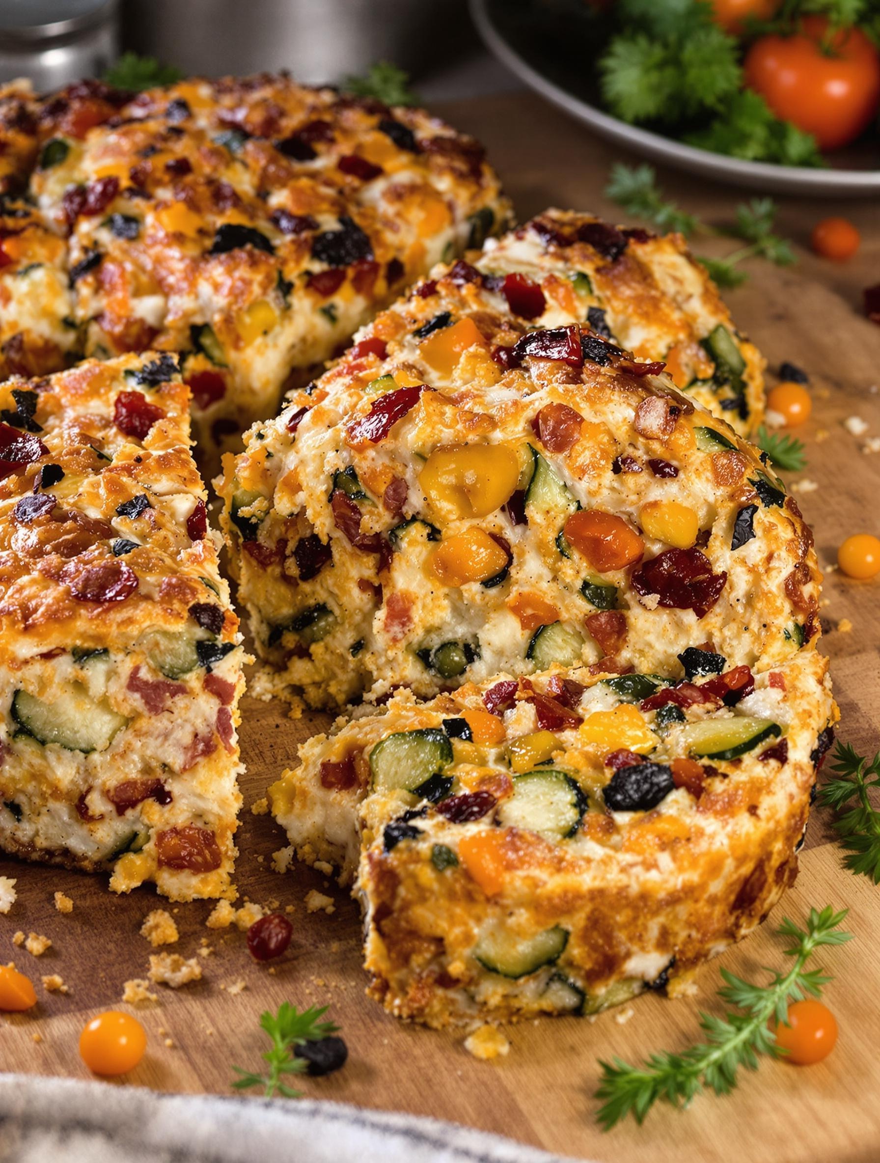 Cake chorizo chèvre généreusement garni de légumes colorés (courgette, poivron, tomate séchée), coupé en tranches épaisses, sur une planche rustique.