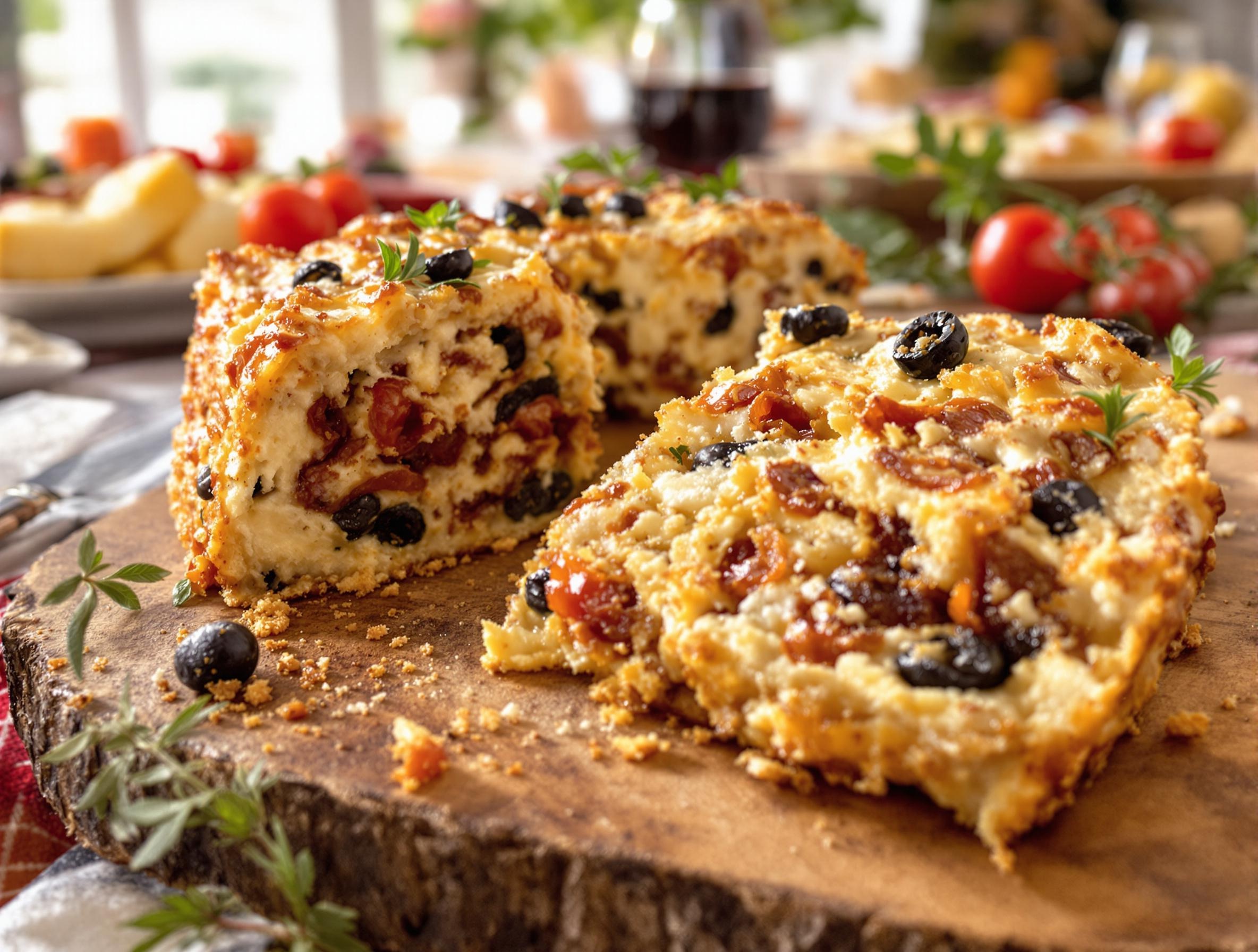 Cake chorizo chèvre garni d'olives noires et de tomates séchées, planche bois, esprit festif
